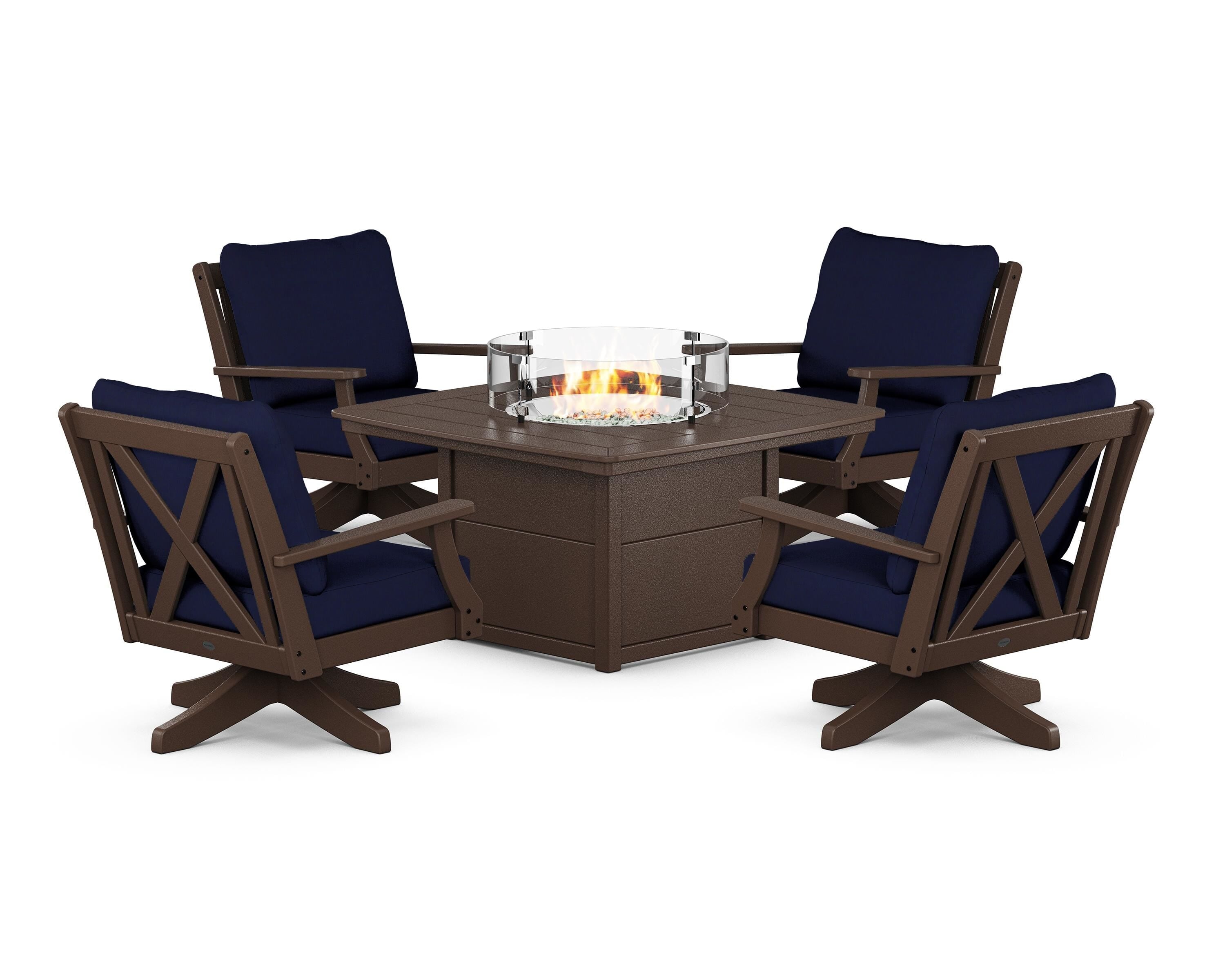 POLYWOOD Braxton 5-Piece Deep Seating Swivel Conversation Set with Fire Pit Table in Mahogany / Navy
