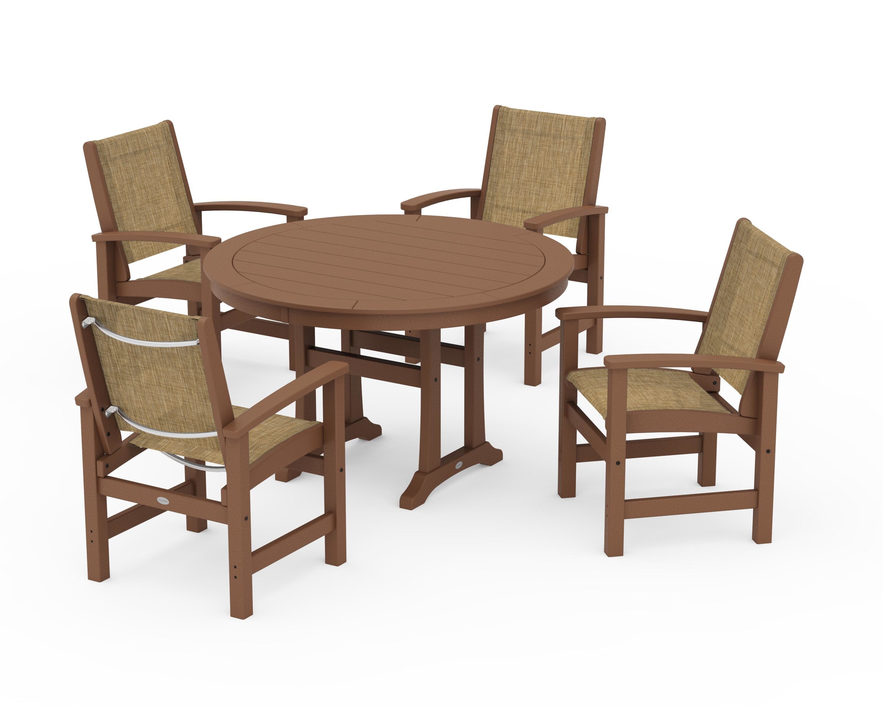 POLYWOOD Coastal 5-Piece Round Dining Set with Trestle Legs in Teak / Burlap Sling