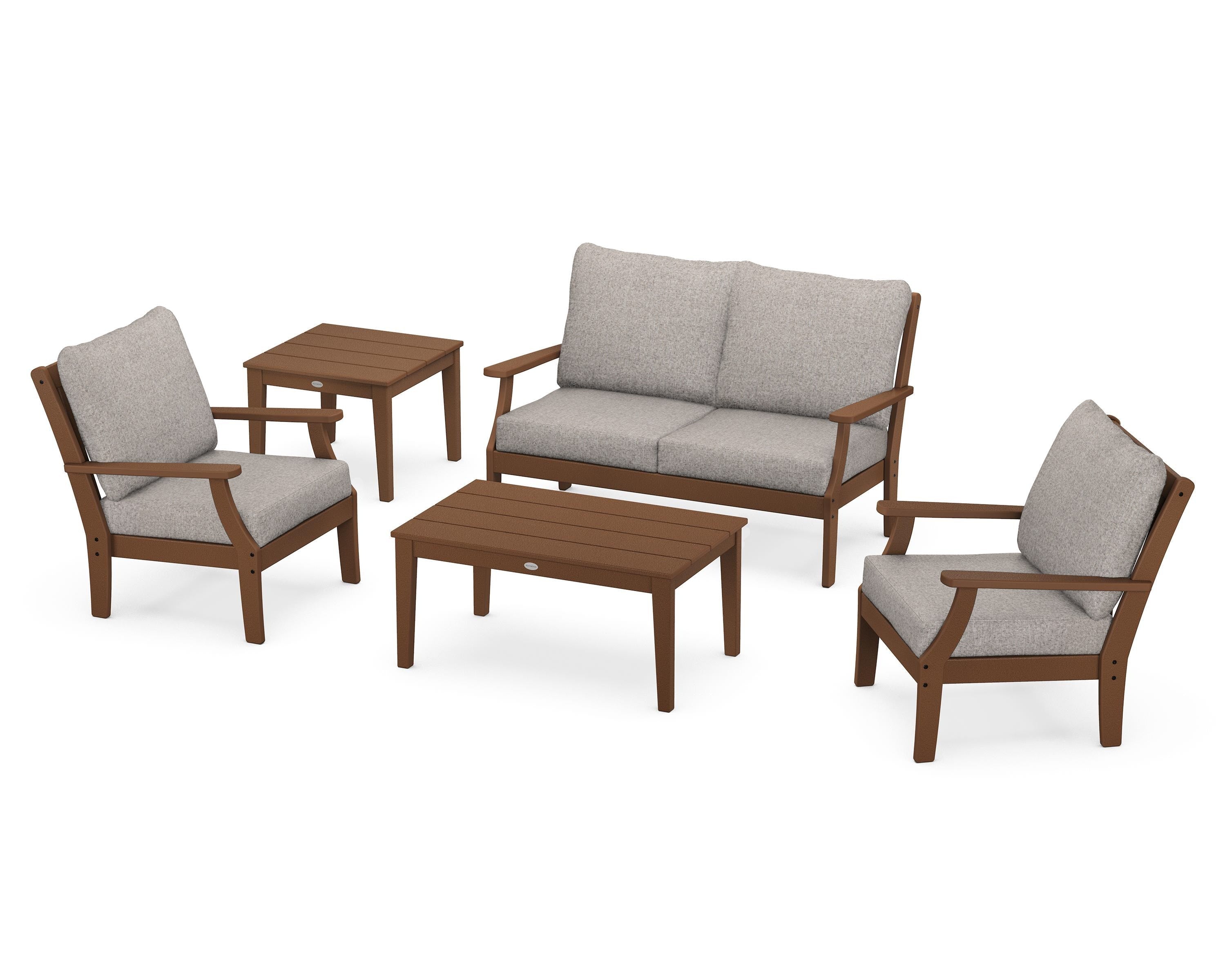 POLYWOOD Braxton 5-Piece Deep Seating Set in Teak / Weathered Tweed