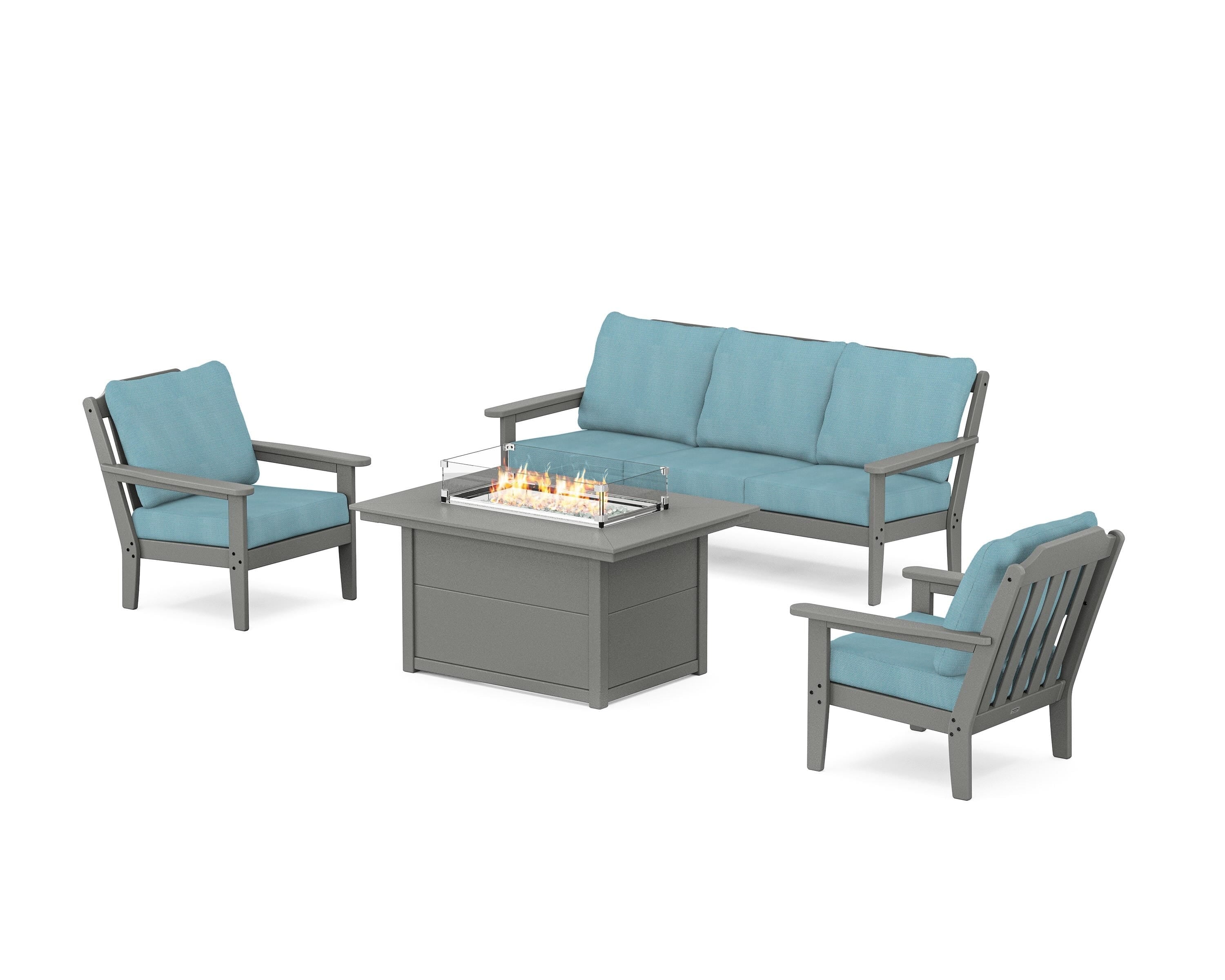 Country Living Cottage Deep Seating Fire Pit Table Set in Slate Grey / Lattice Sky Blue