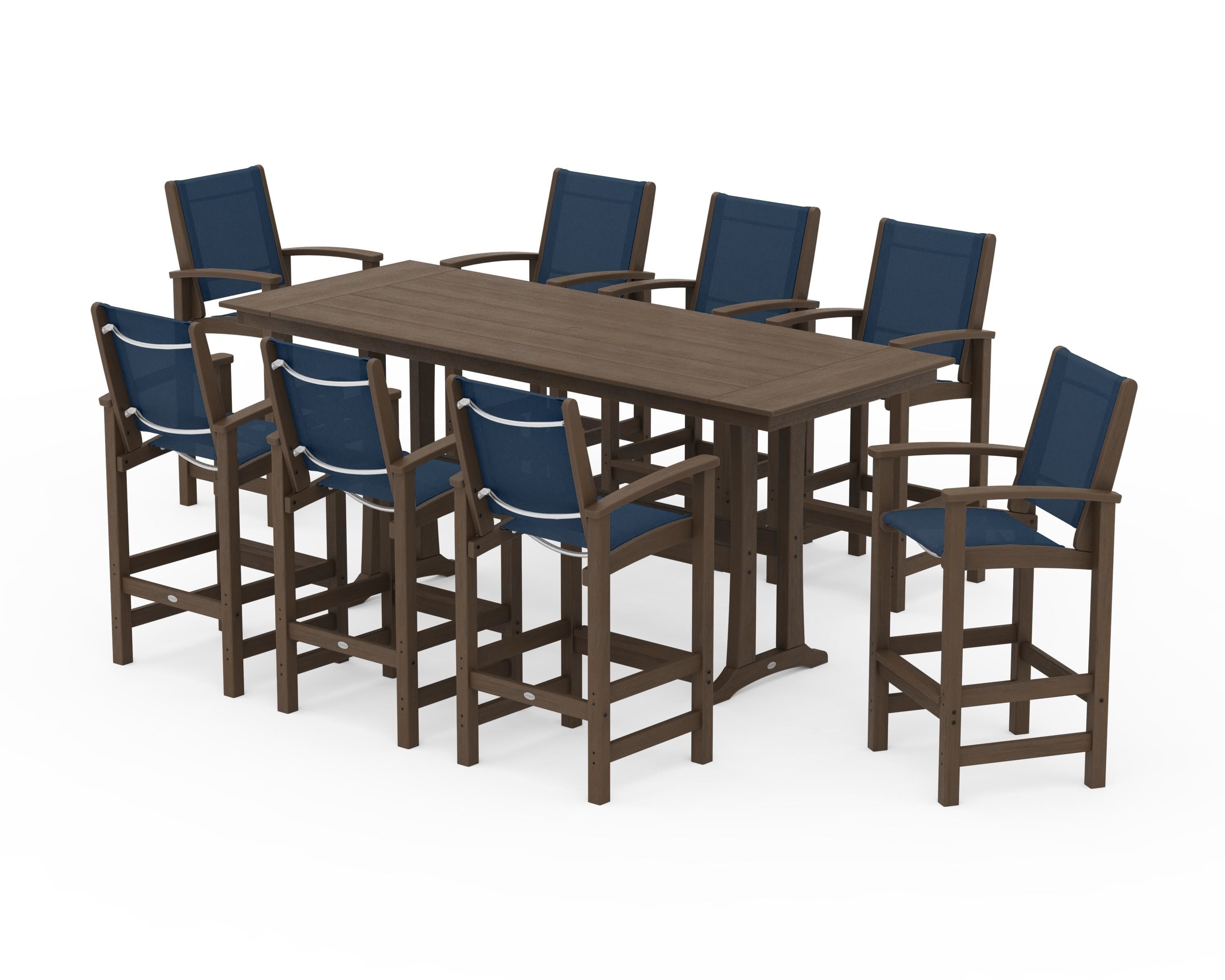 POLYWOOD Coastal 9-Piece Farmhouse Bar Set with Trestle Legs in Kona / Navy Blue Sling