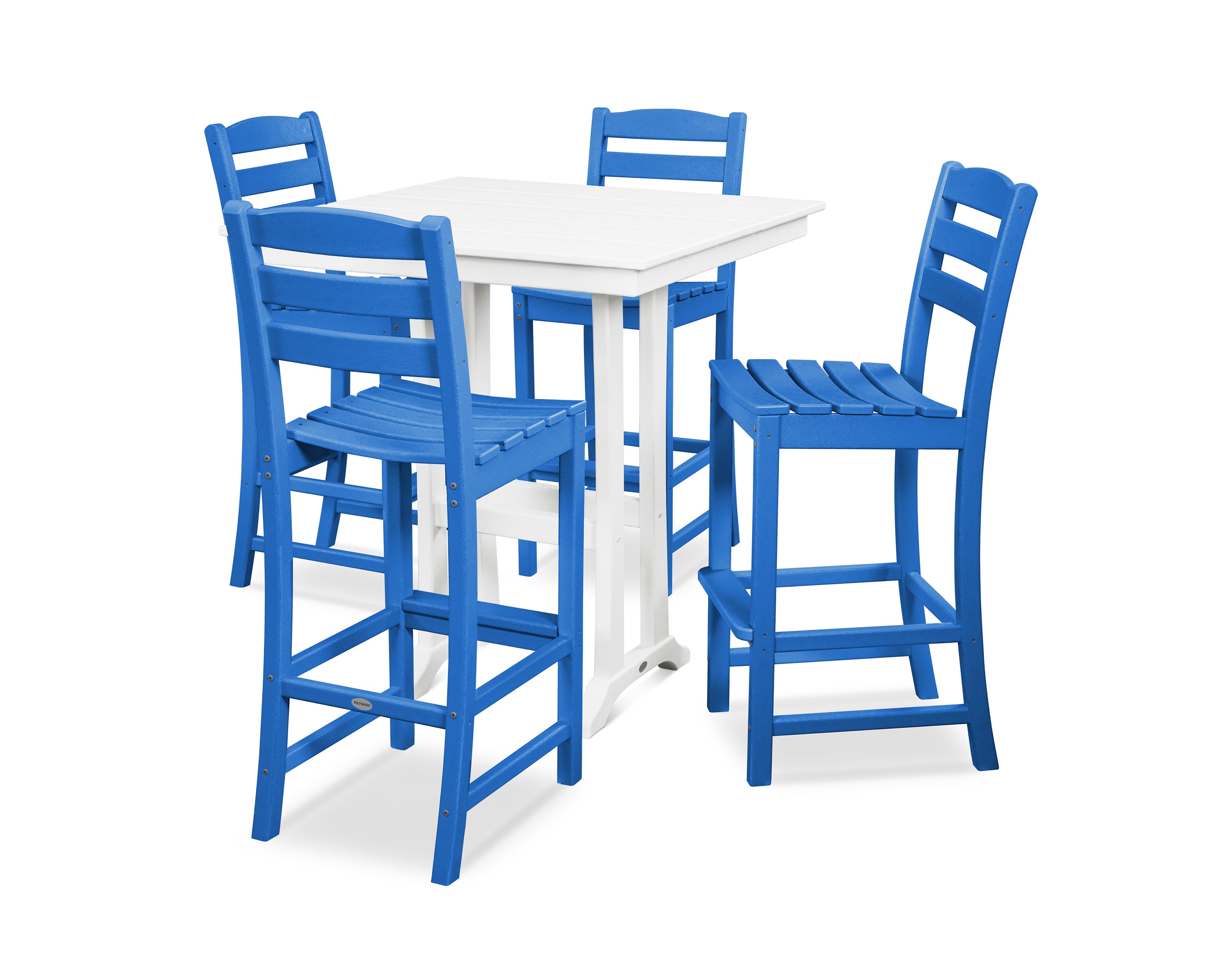 POLYWOOD® La Casa Café 5-Piece Farmhouse Trestle Bar Set in Pacific Blue / White