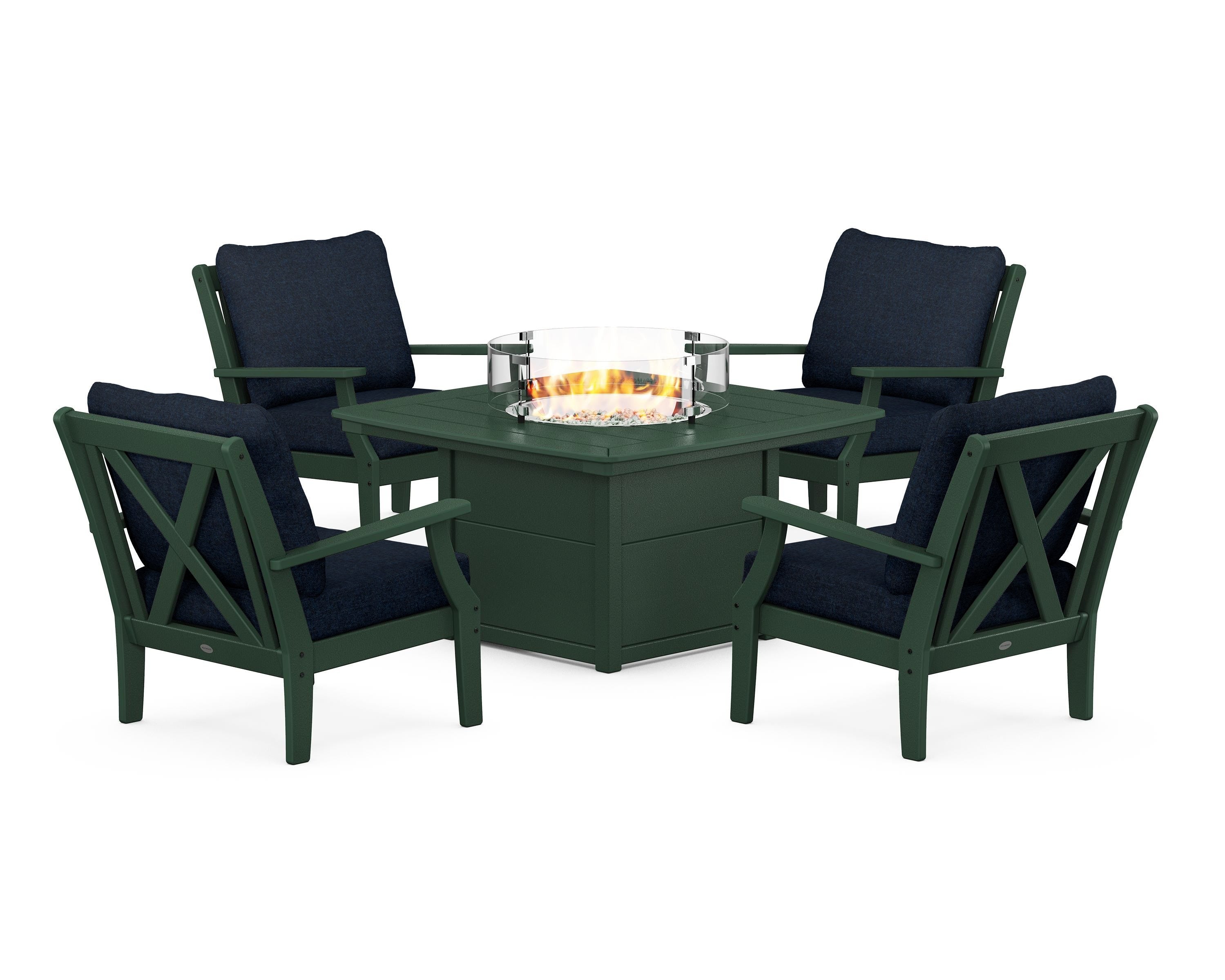 POLYWOOD Braxton 5-Piece Deep Seating Conversation Set with Fire Pit Table in Green / Marine Indigo