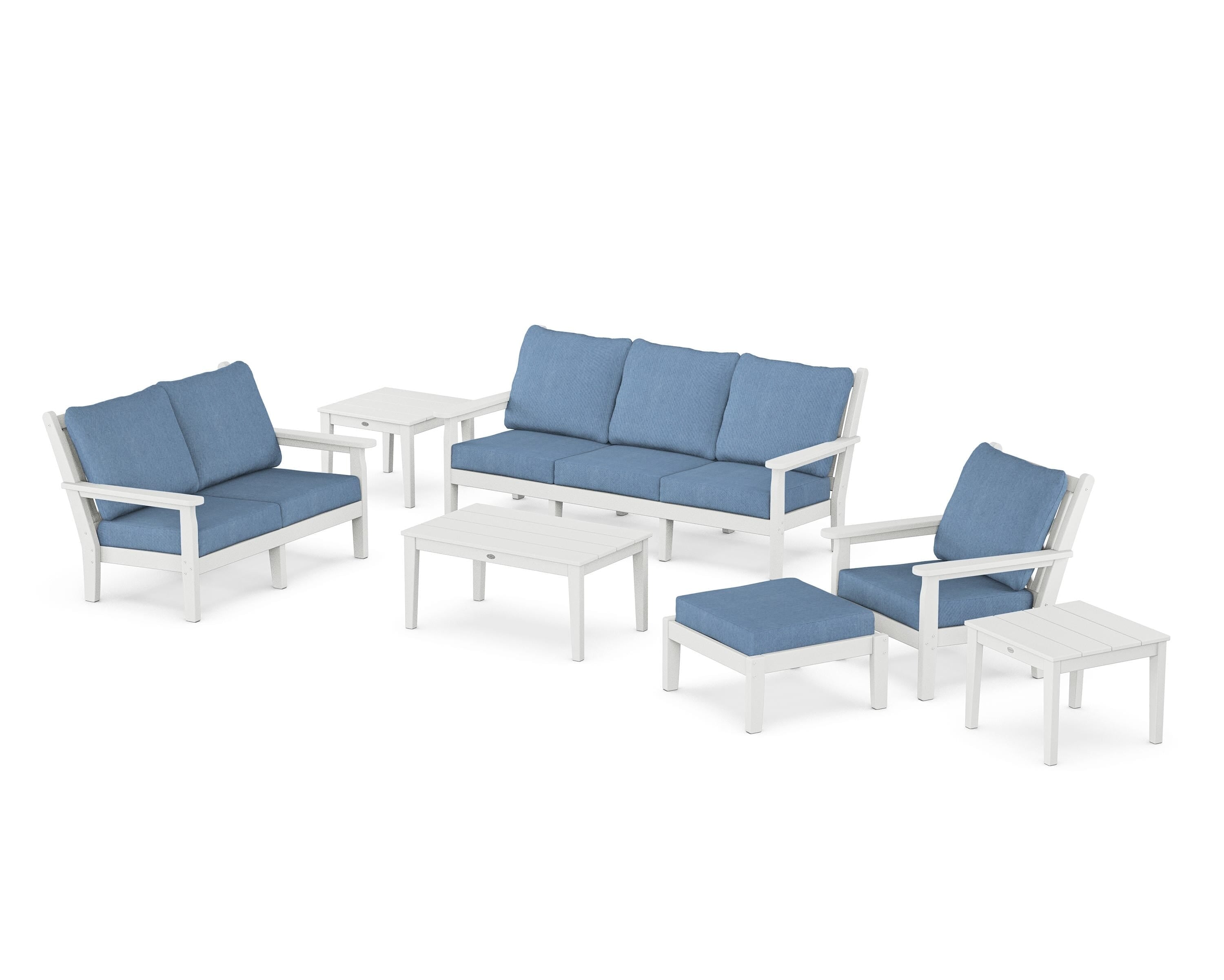 POLYWOOD Chippendale 7-Piece Deep Seating Set in White / Sky Blue