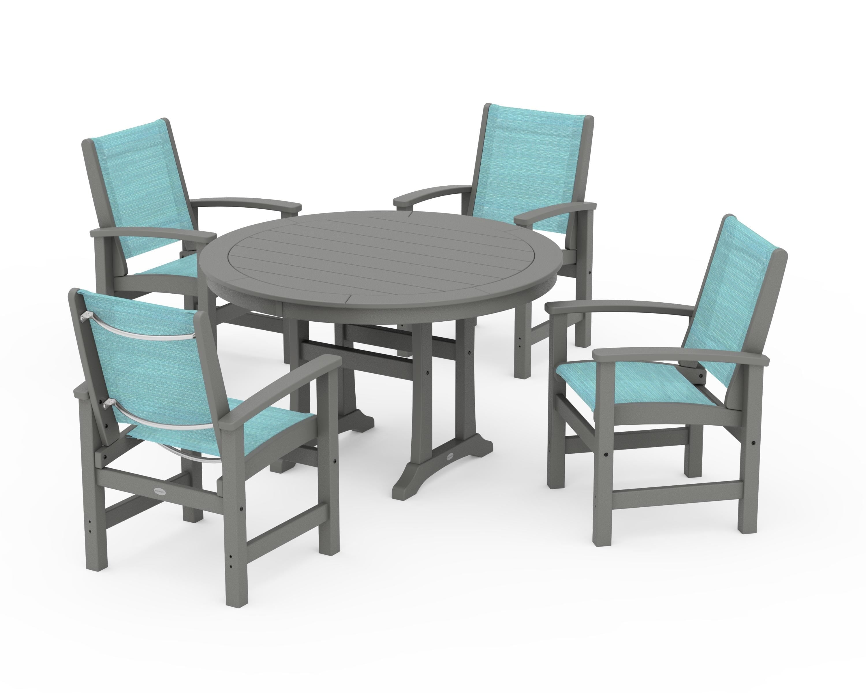 POLYWOOD Coastal 5-Piece Round Dining Set with Trestle Legs in Slate Grey / Dupioni Aquamarine Sling