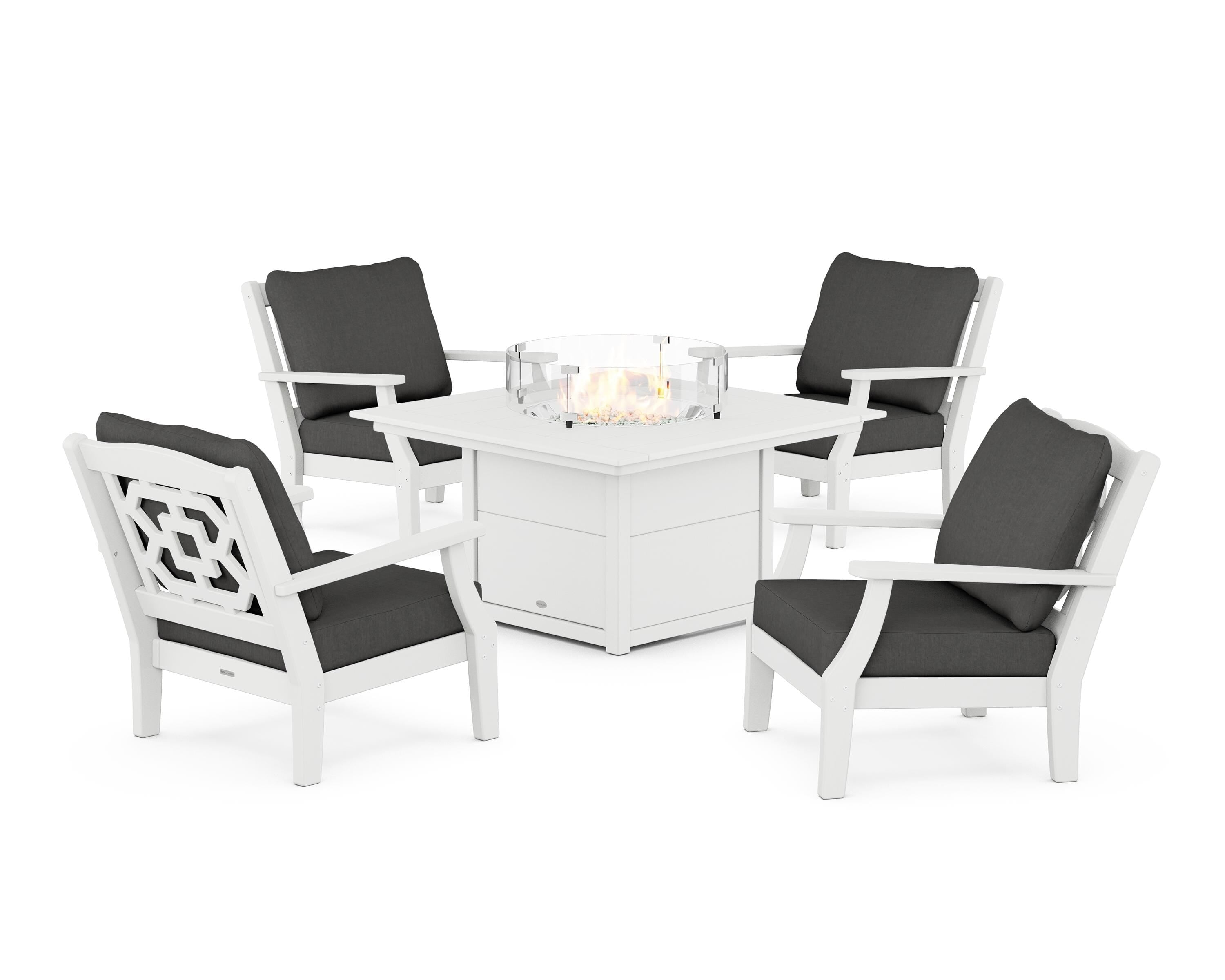 Martha Stewart by POLYWOOD Chinoiserie 5-Piece Deep Seating Set with Fire Pit Table in White / Spectrum Carbon