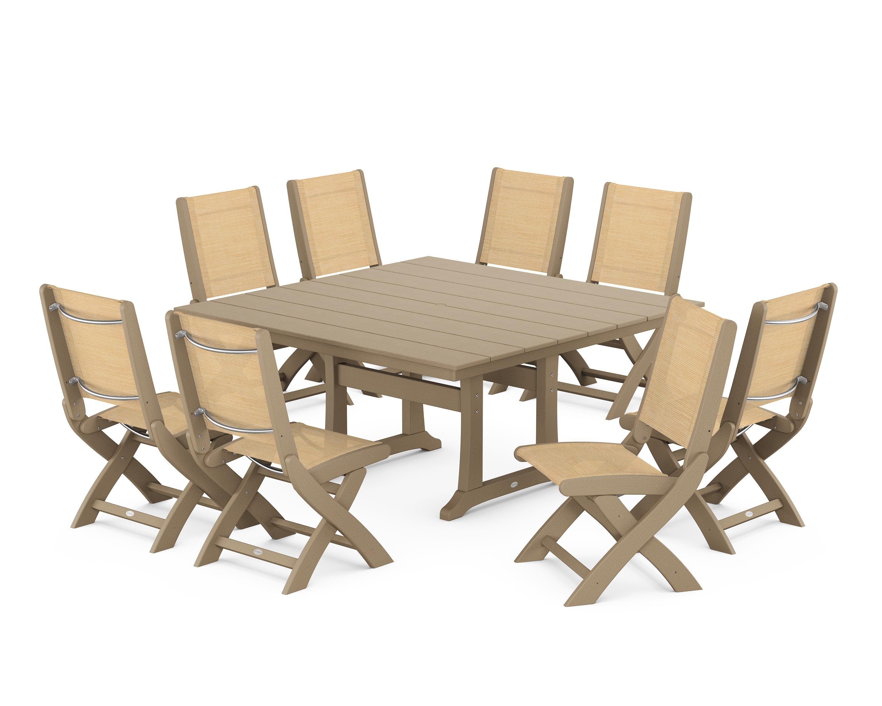 POLYWOOD Coastal Folding Side Chair 9-Piece Farmhouse Dining Set in Vintage Sahara / Dupioni Apricot Sling