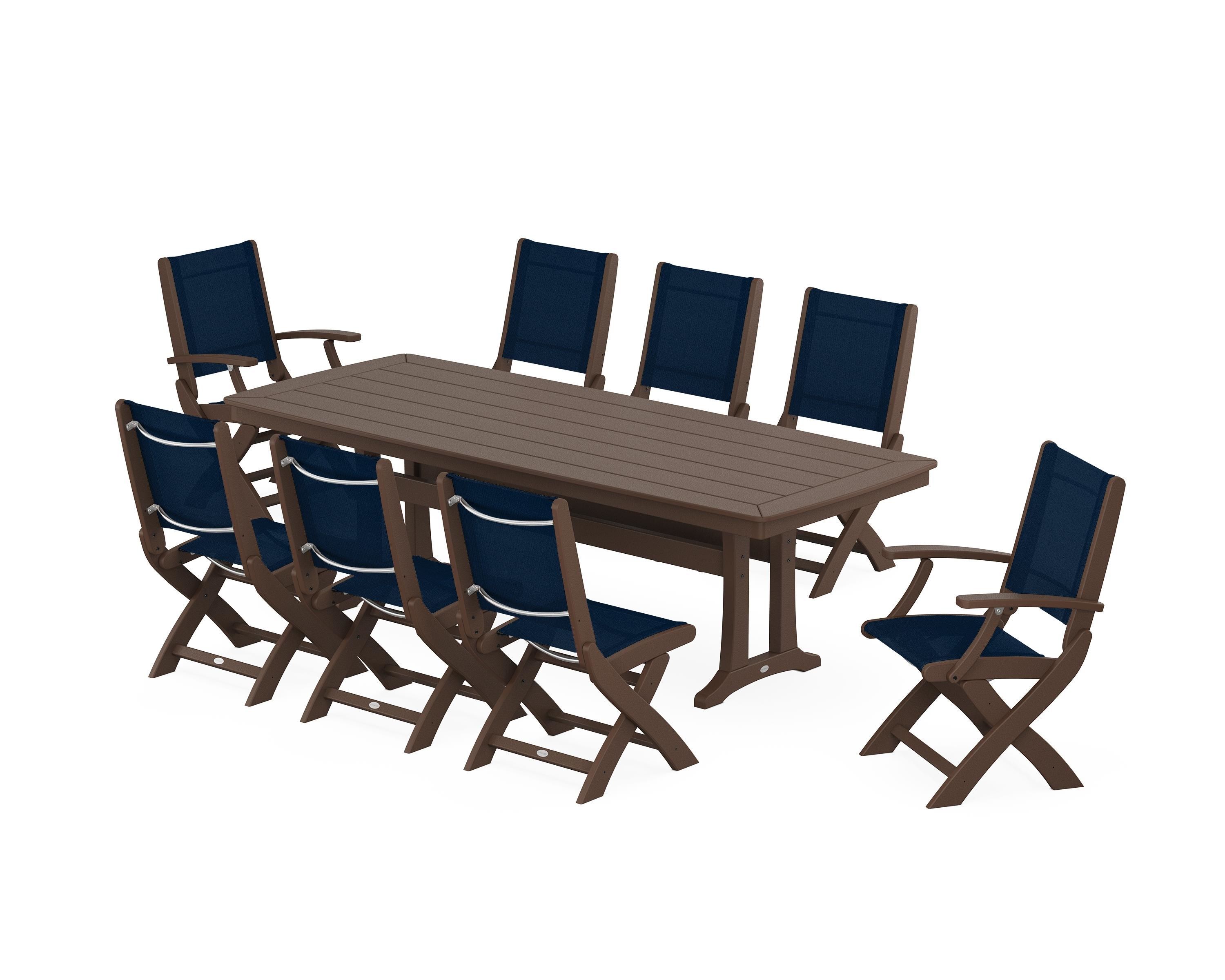 POLYWOOD Coastal Folding 9-Piece Dining Set with Trestle Legs in Mahogany / Navy Blue Sling