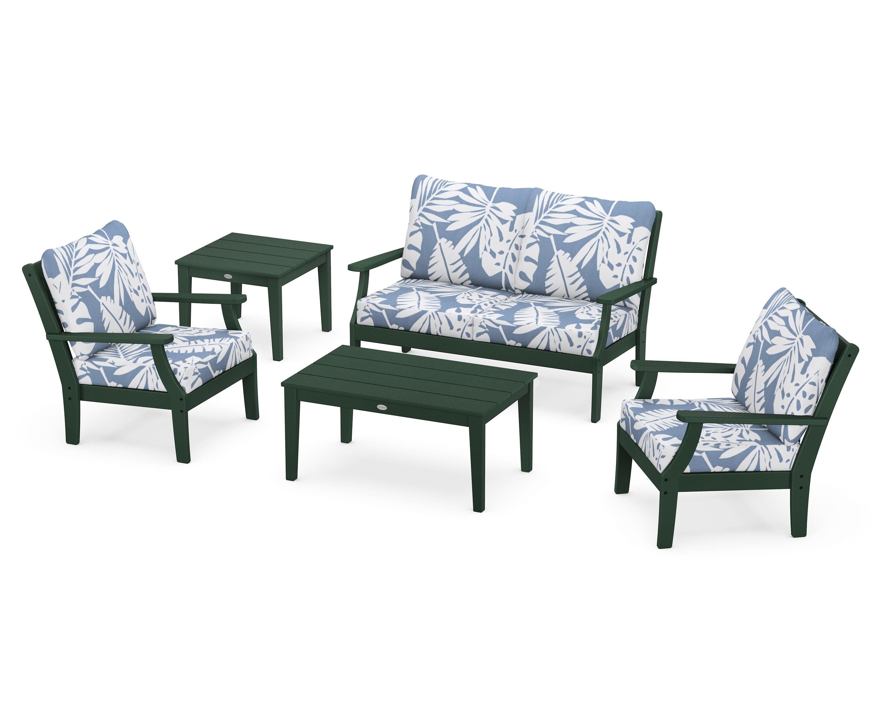 POLYWOOD Braxton 5-Piece Deep Seating Set in Green / Leaf Sky Blue