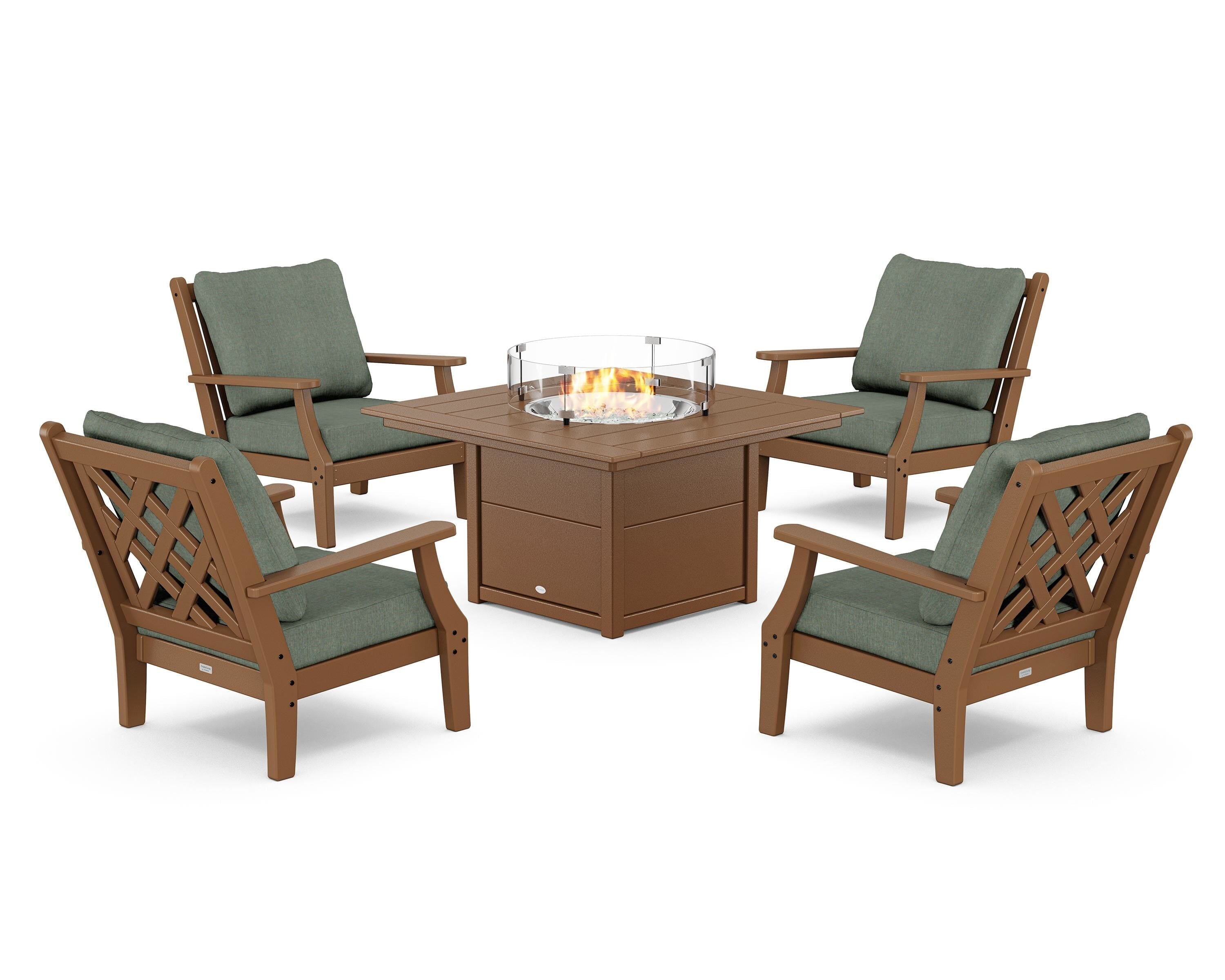 Country Living Wovendale 5-Piece Deep Seating Set with Fire Pit Table in Teak / Cast Sage