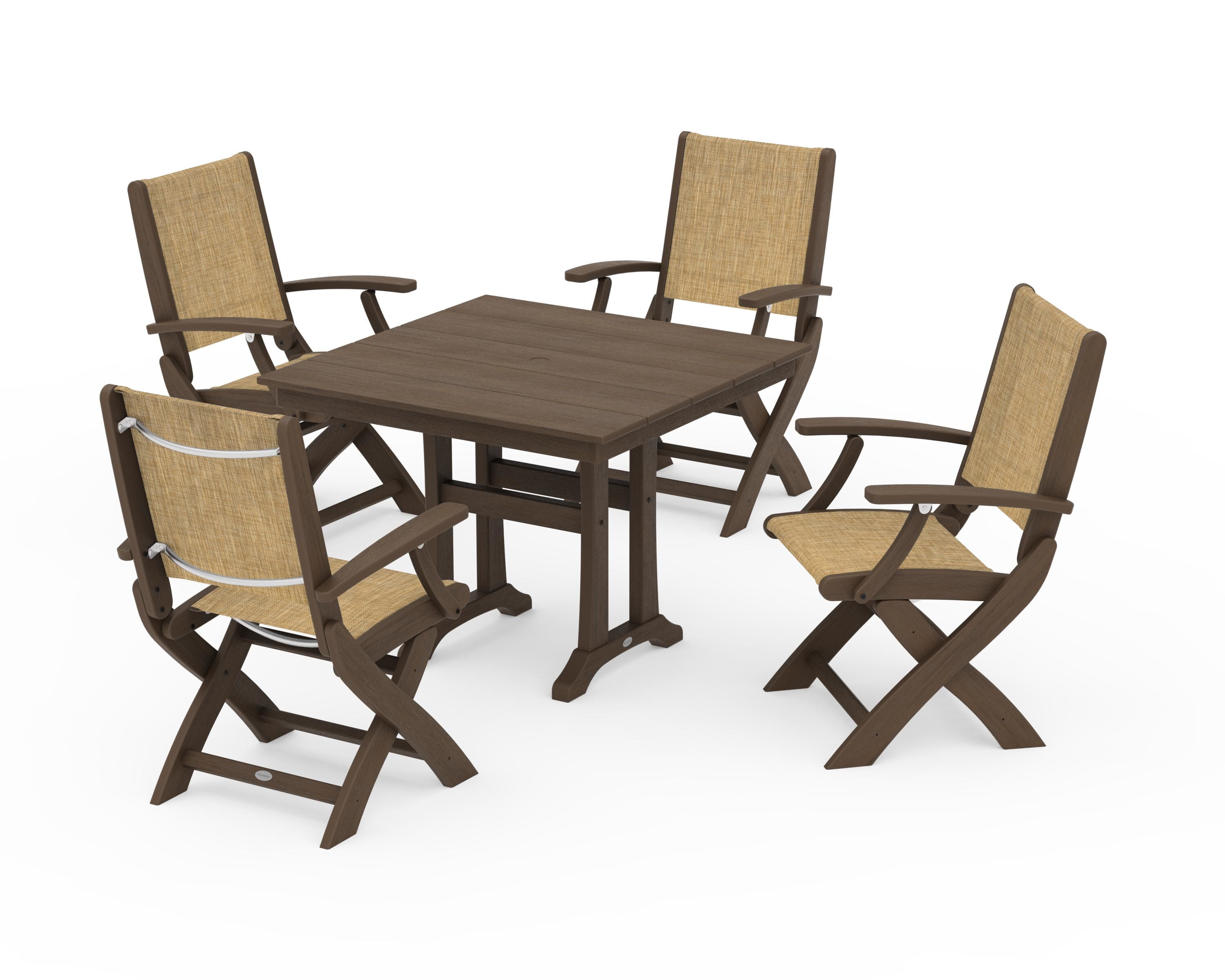 POLYWOOD Coastal Folding Chair 5-Piece Farmhouse Dining Set With Trestle Legs in Kona / Burlap Sling