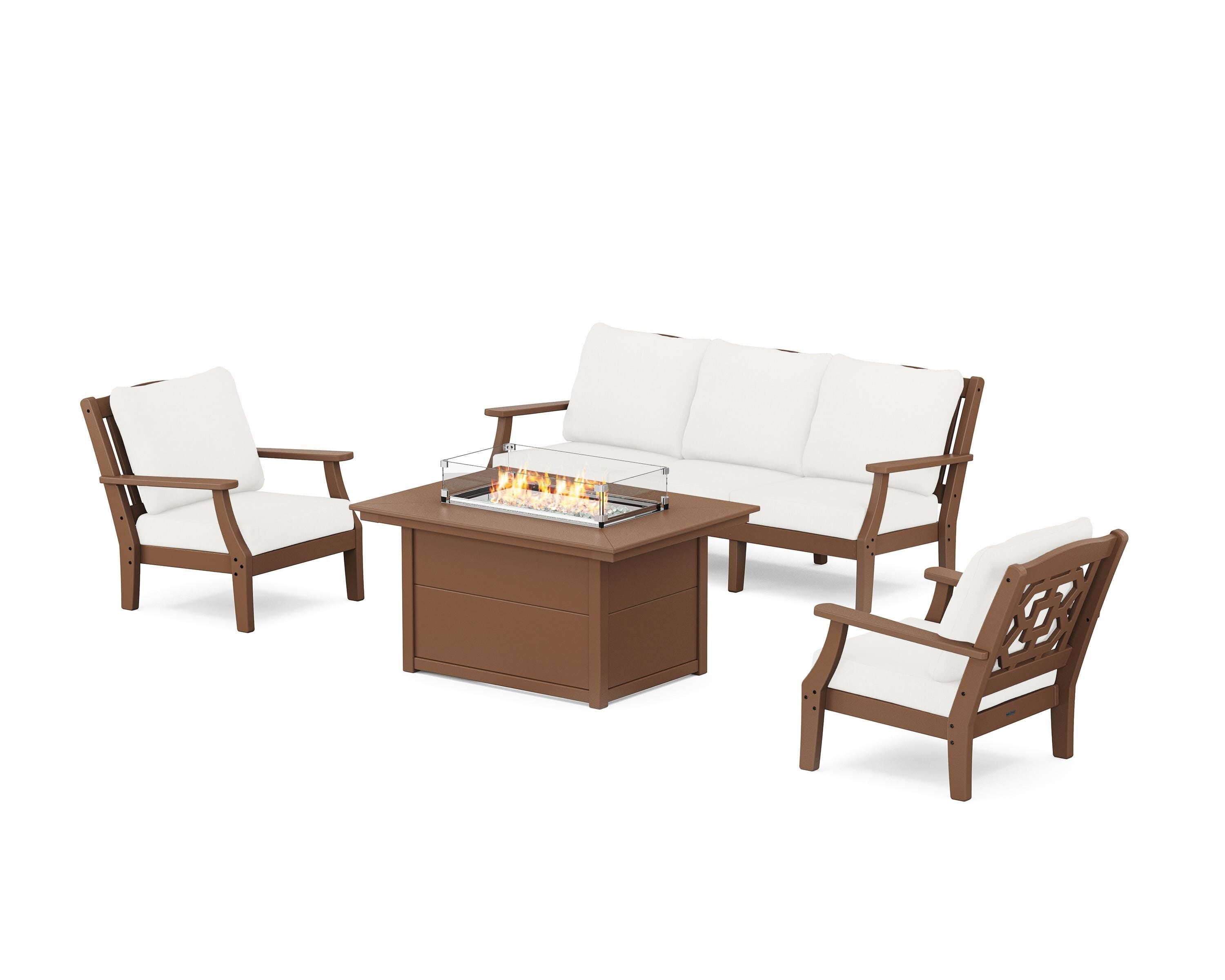 Martha Stewart by POLYWOOD Chinoiserie Deep Seating Fire Pit Table Set in Teak / Natural Linen