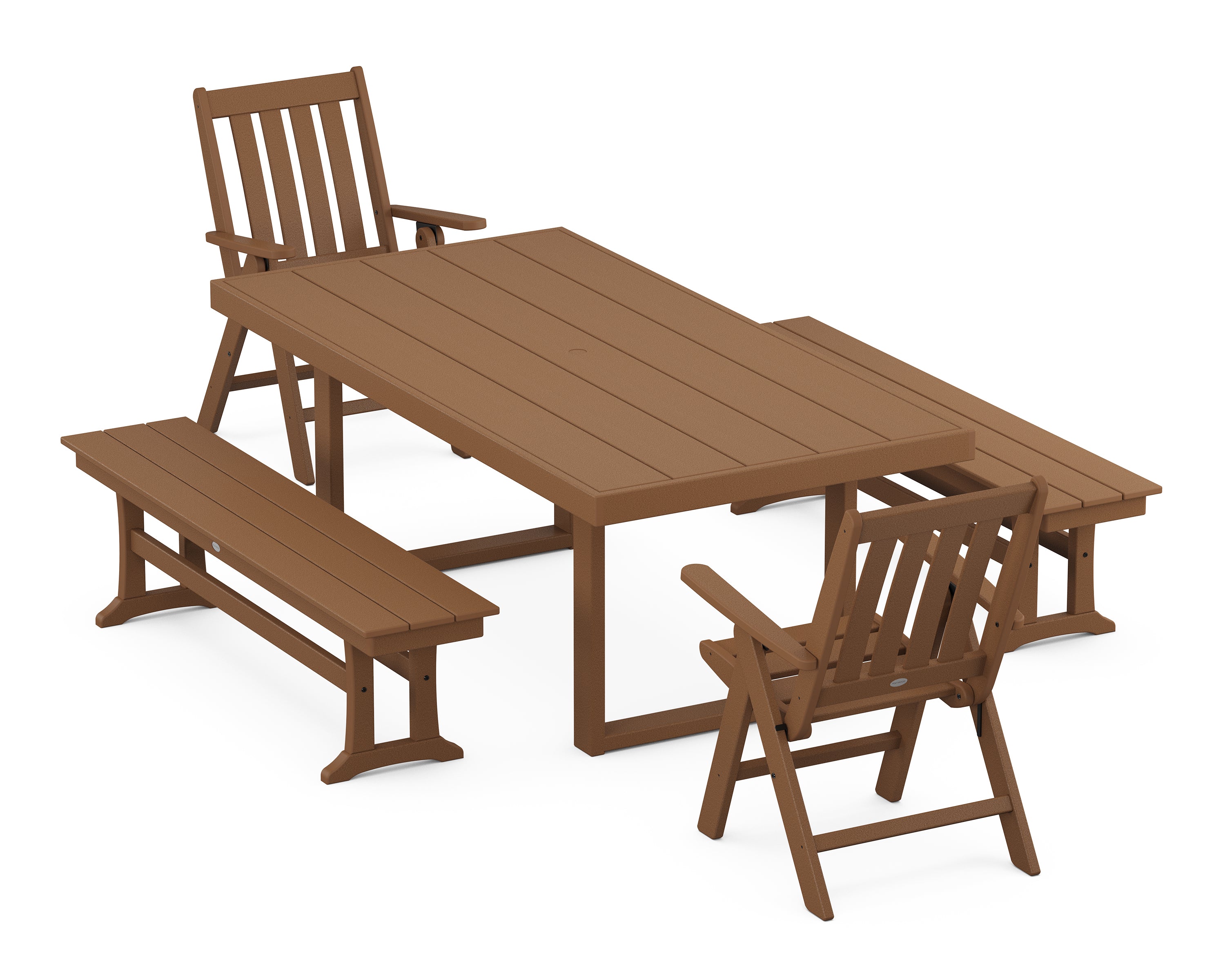 POLYWOOD® Vineyard Folding Chair 5-Piece Dining Set with Benches in Teak