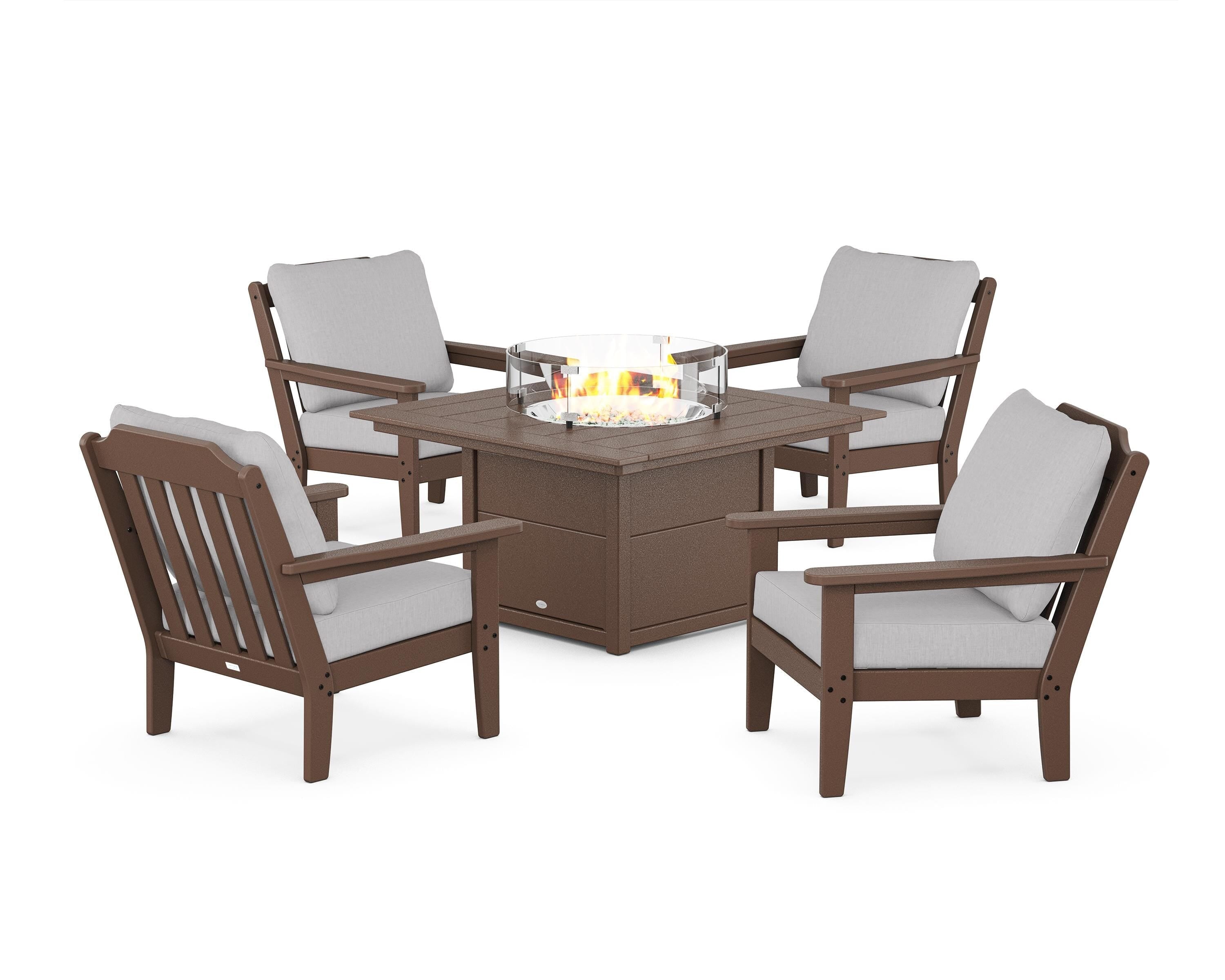 Country Living Cottage 5-Piece Deep Seating Set with Fire Pit Table in Mahogany / Granite