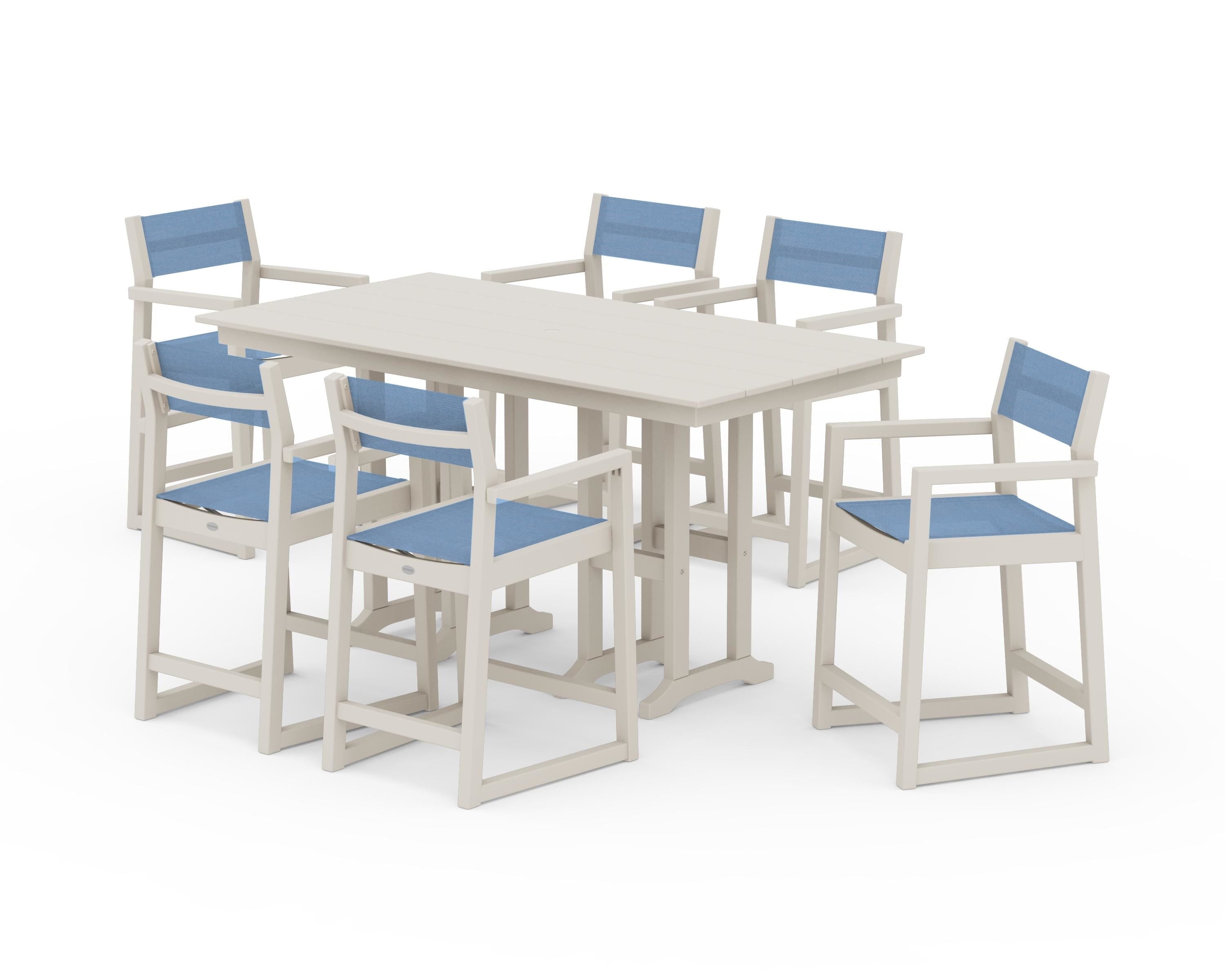 POLYWOOD EDGE Sling Arm Chair 7-Piece Farmhouse Counter Set in Sand / Poolside Sling