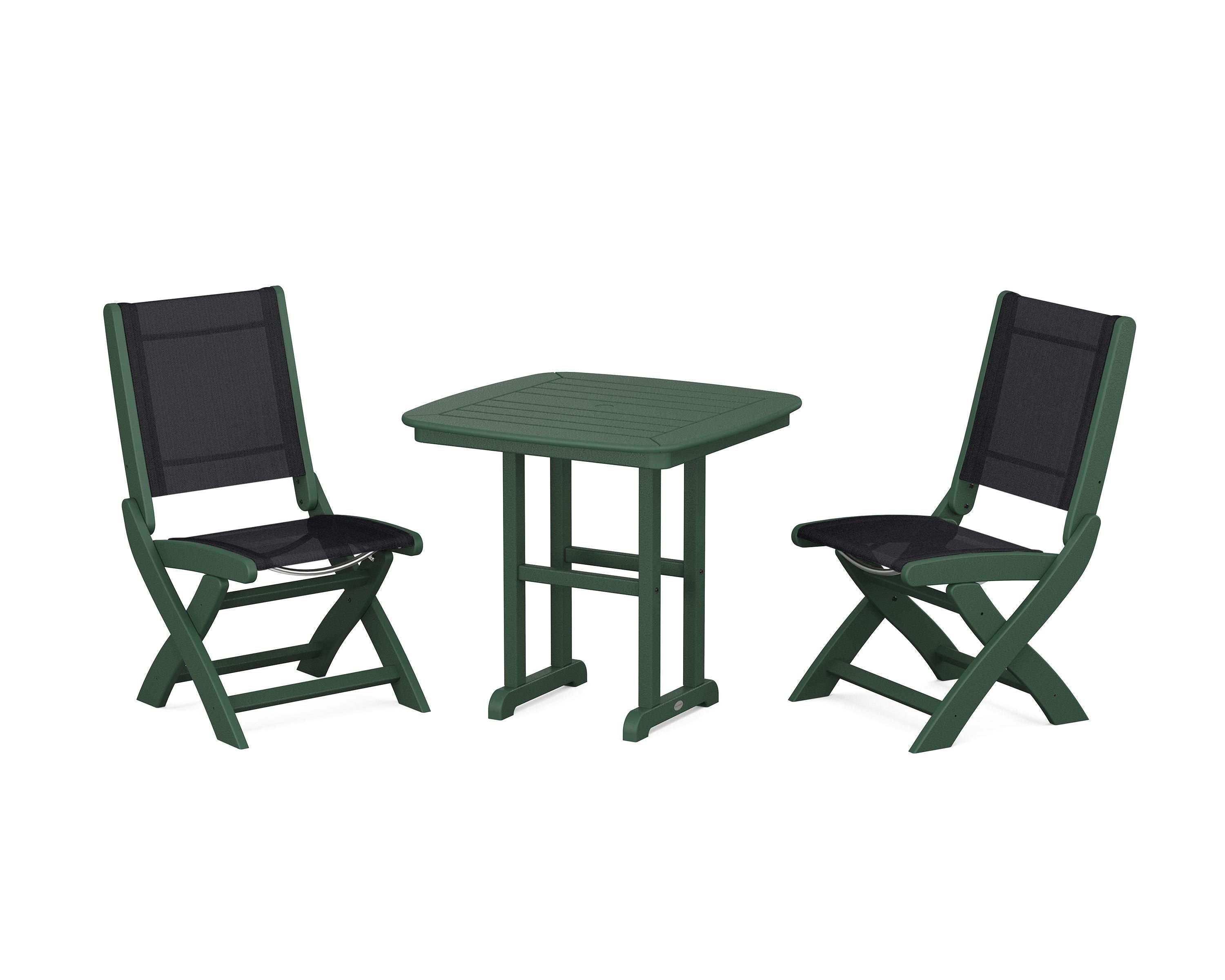 POLYWOOD Coastal Folding Side Chair 3-Piece Dining Set in Green / Black Sling