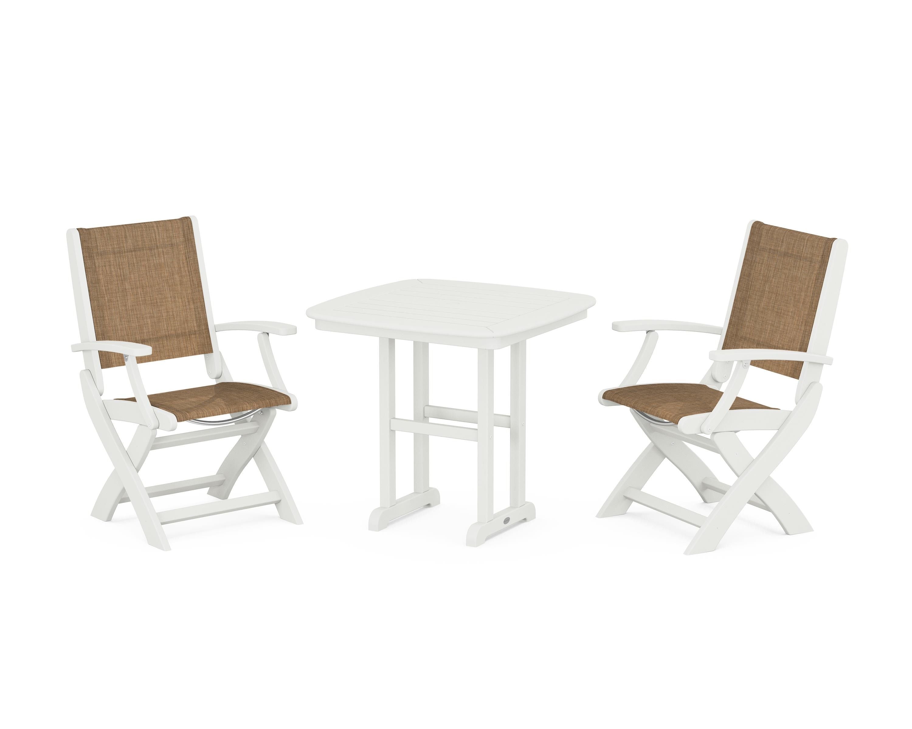 POLYWOOD Coastal Folding Chair 3-Piece Dining Set in Vintage White / Burlap Sling