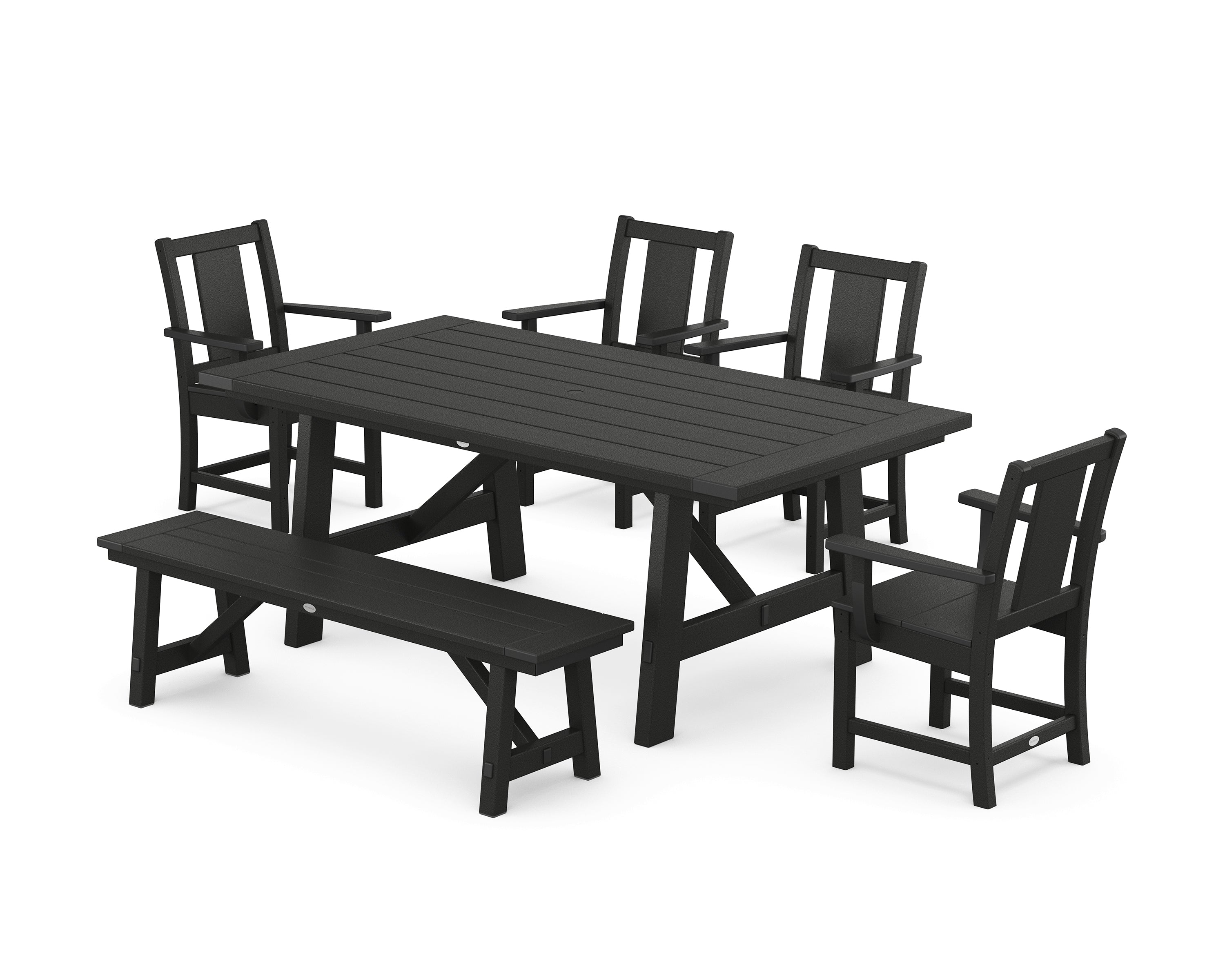POLYWOOD® Prairie 6-Piece Rustic Farmhouse Dining Set with Bench in Black