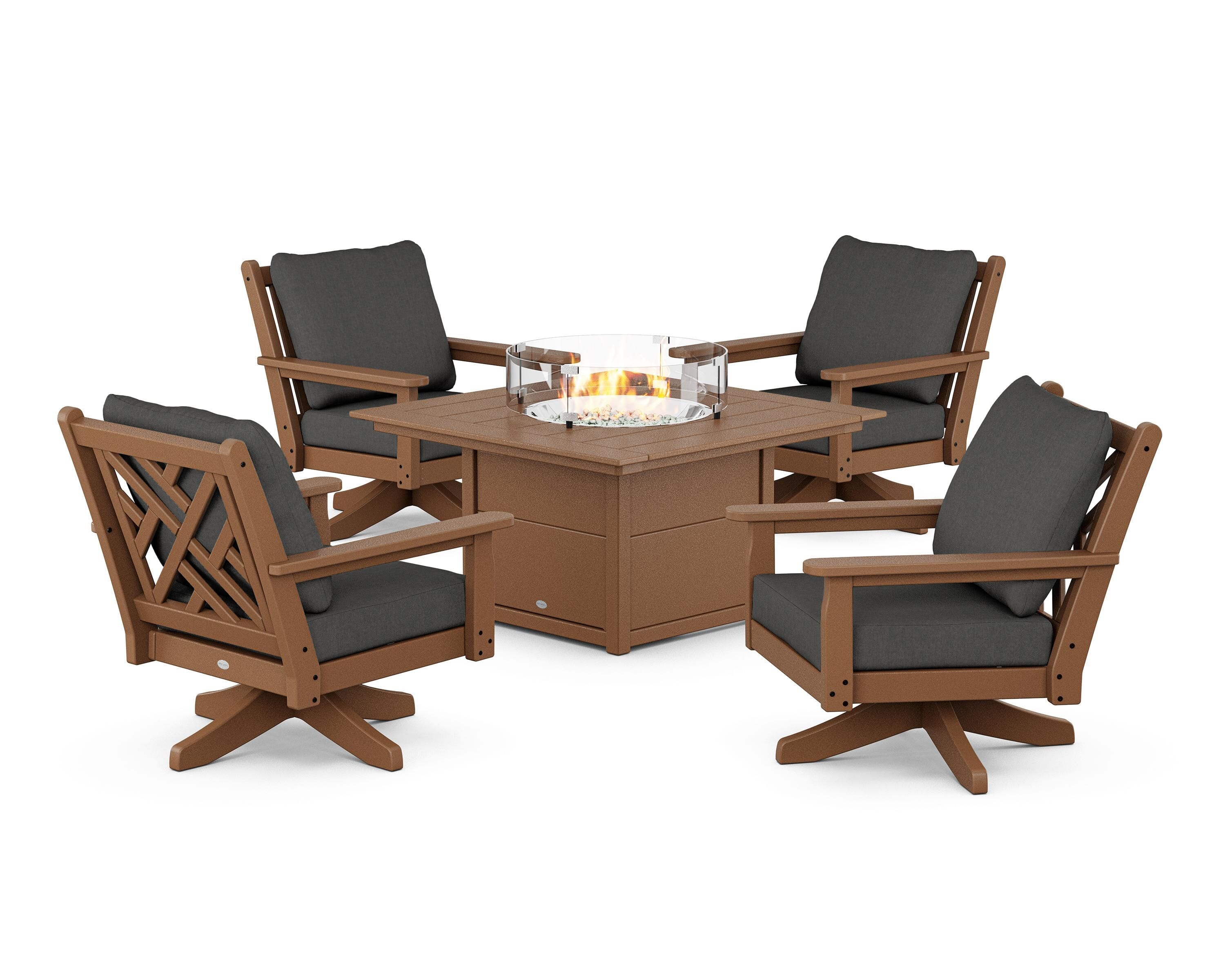 POLYWOOD Chippendale 5-Piece Deep Seating Swivel Conversation Set with Fire Pit Table in Teak / Spectrum Carbon