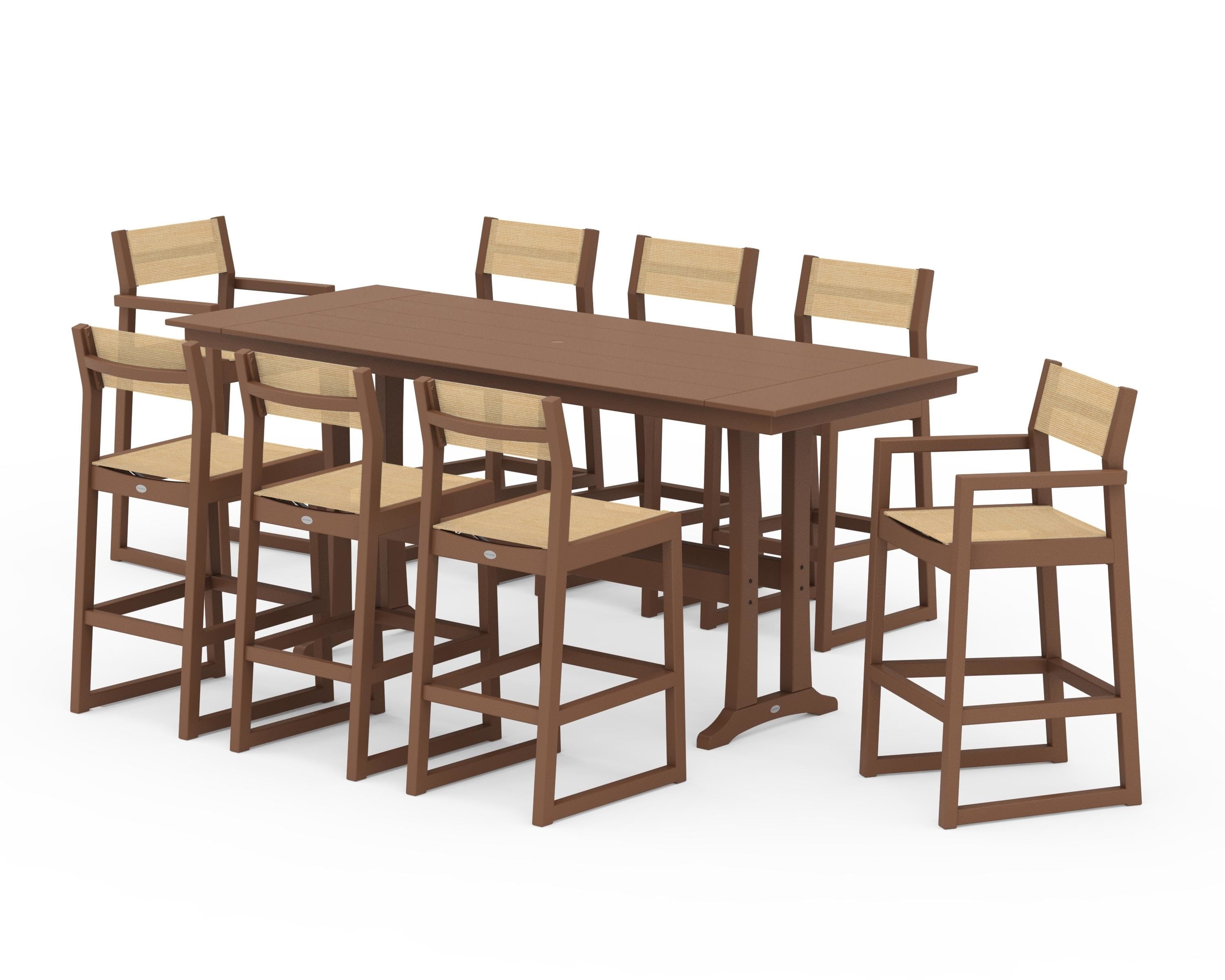 POLYWOOD EDGE Sling 9-Piece Farmhouse Bar Set with Trestle Legs in Teak / Dupioni Apricot Sling
