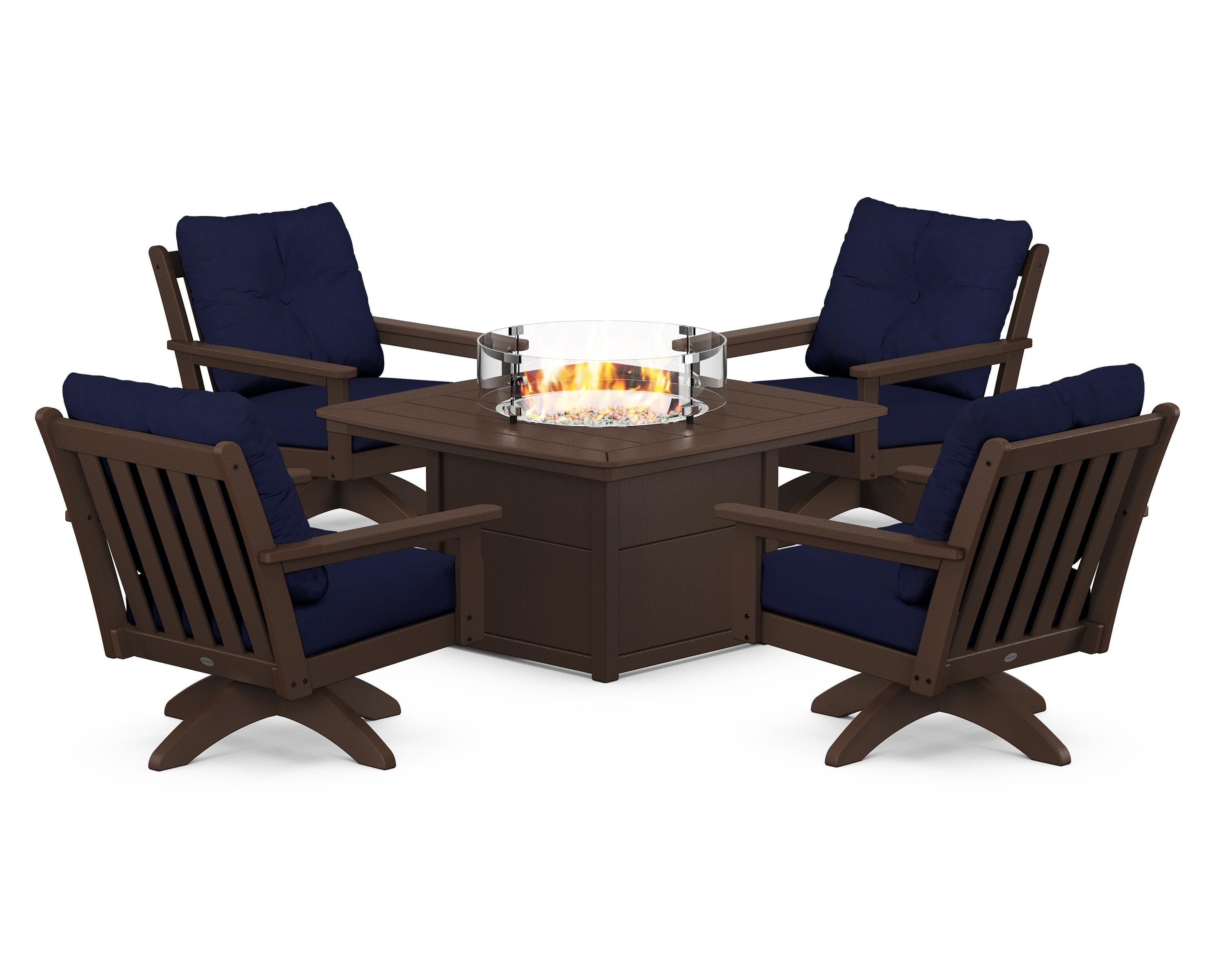 POLYWOOD Vineyard 5-Piece Deep Seating Swivel Conversation Set with Fire Pit Table in Mahogany / Navy