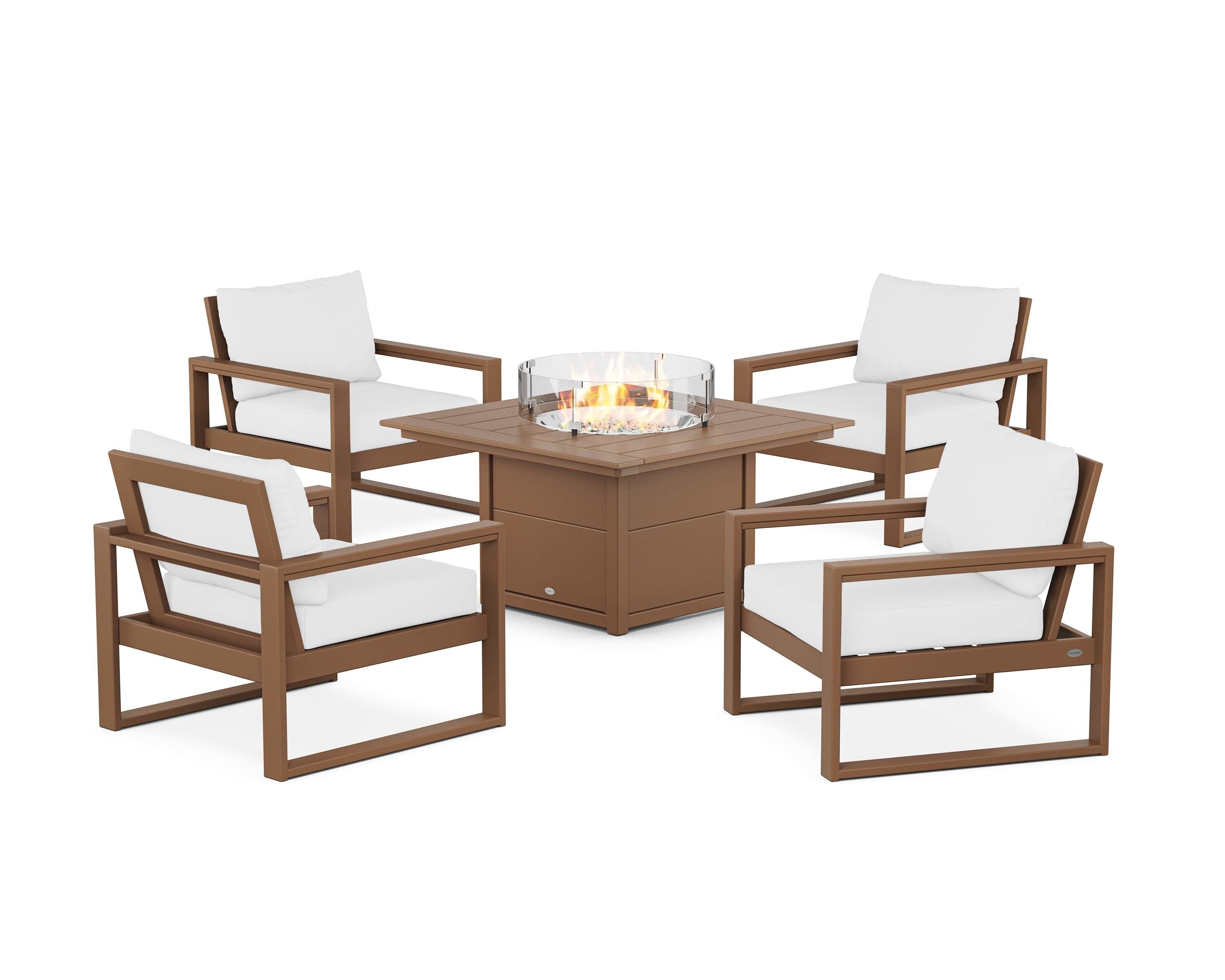 POLYWOOD EDGE Sectional 5-Piece Deep Seating Set with Fire Pit Table in Teak / Natural