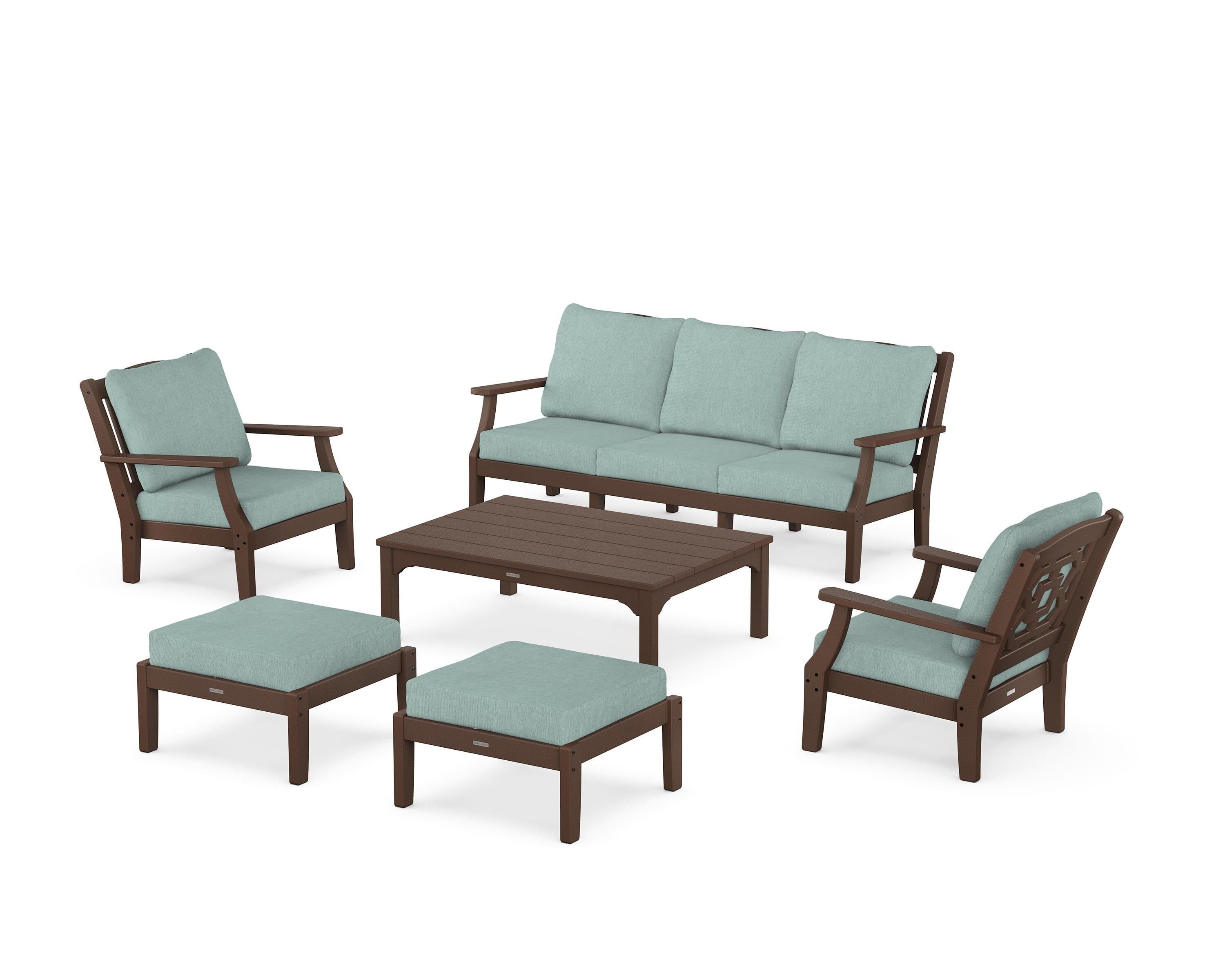 Martha Stewart by POLYWOOD Chinoiserie 6-Piece Lounge Sofa Set in Mahogany / Glacier Spa