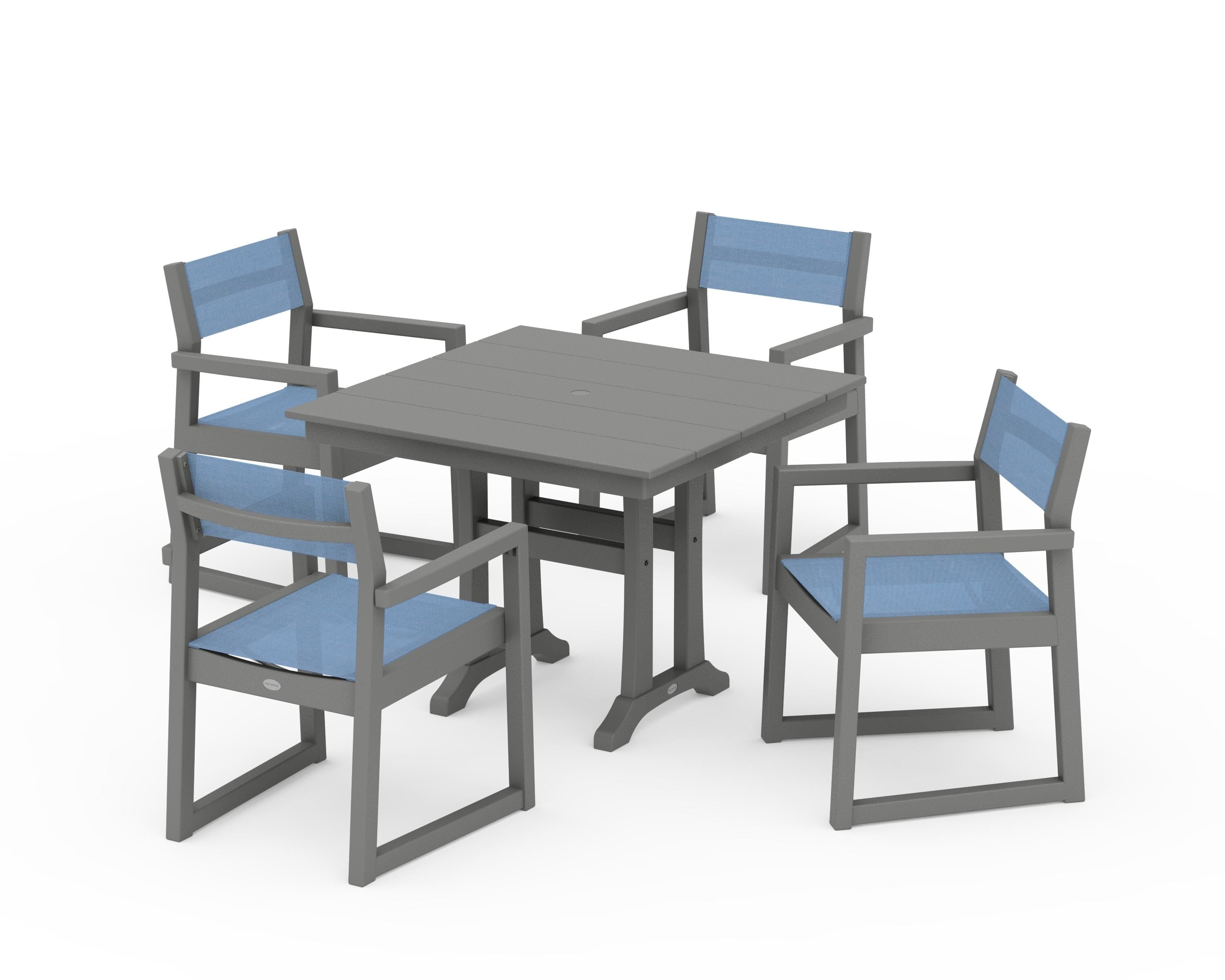 POLYWOOD EDGE Sling 5-Piece Farmhouse Dining Set with Trestle Legs in Slate Grey / Poolside Sling
