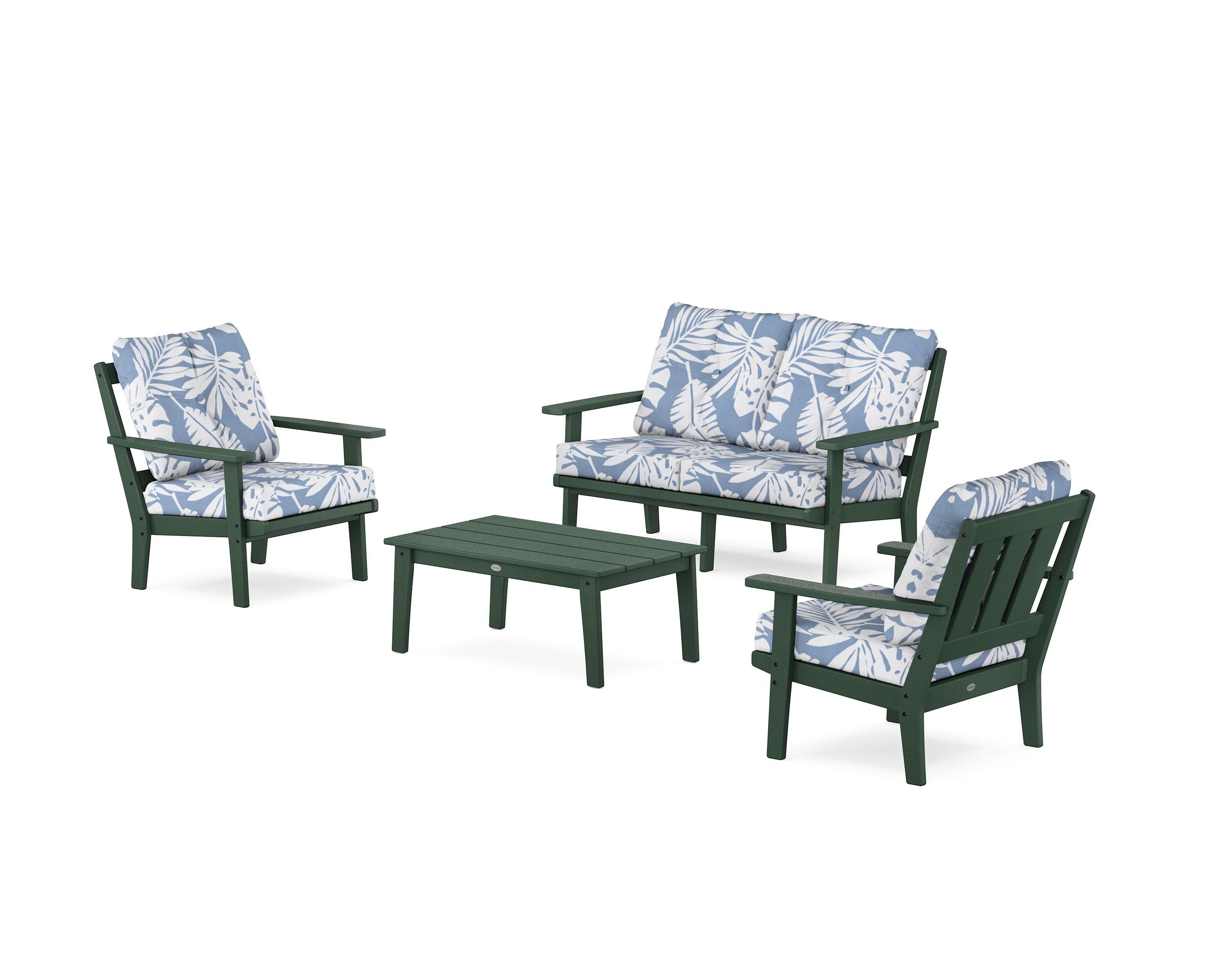 POLYWOOD Oxford 4-Piece Deep Seating Set with Loveseat in Green / Leaf Sky Blue