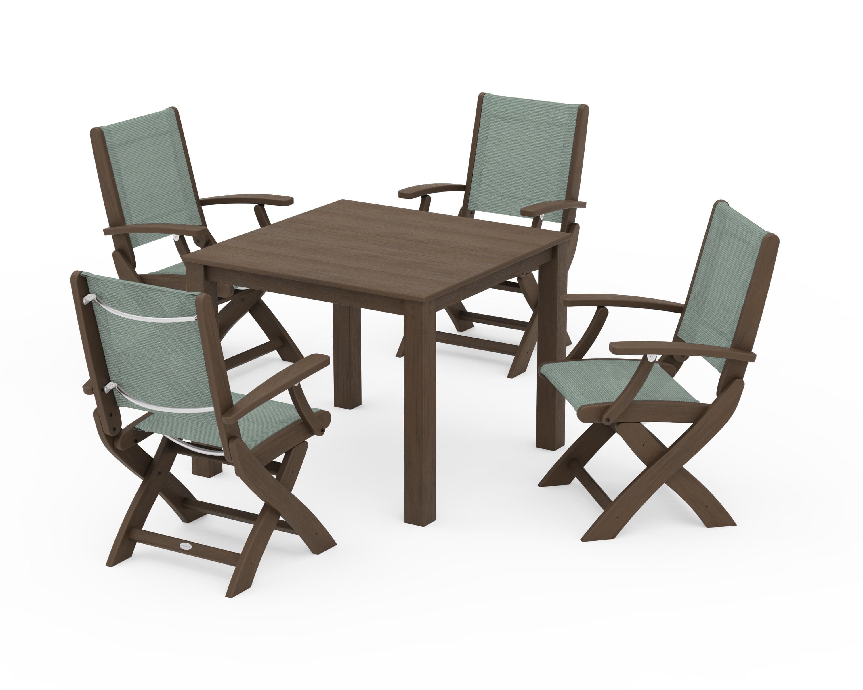POLYWOOD Coastal Folding Chair 5-Piece Parsons Dining Set in Kona / Dupioni Sea Mist Sling