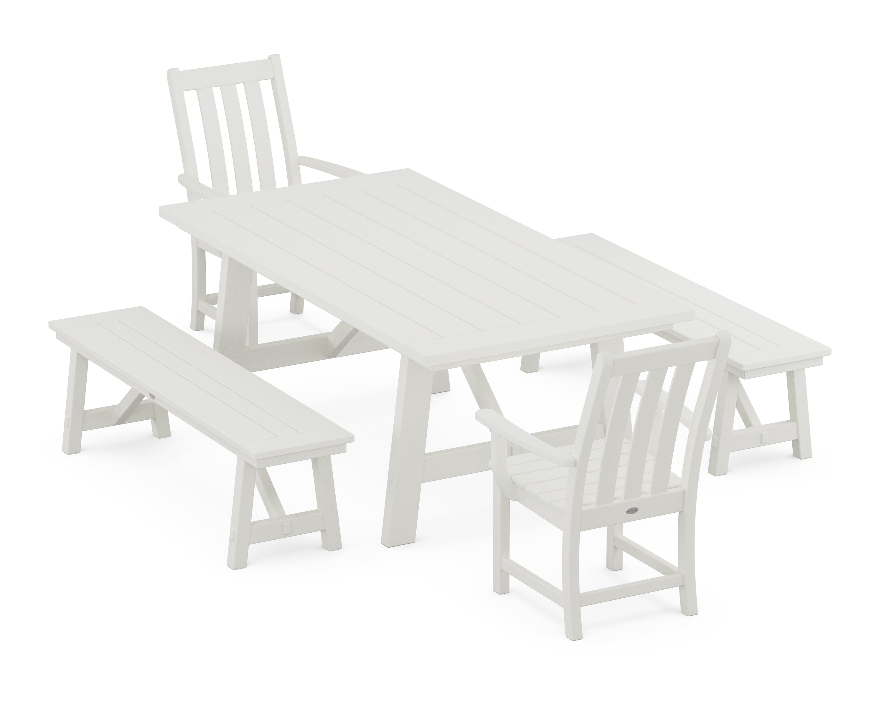 POLYWOOD® Vineyard 5-Piece Rustic Farmhouse Dining Set With Benches in Vintage White