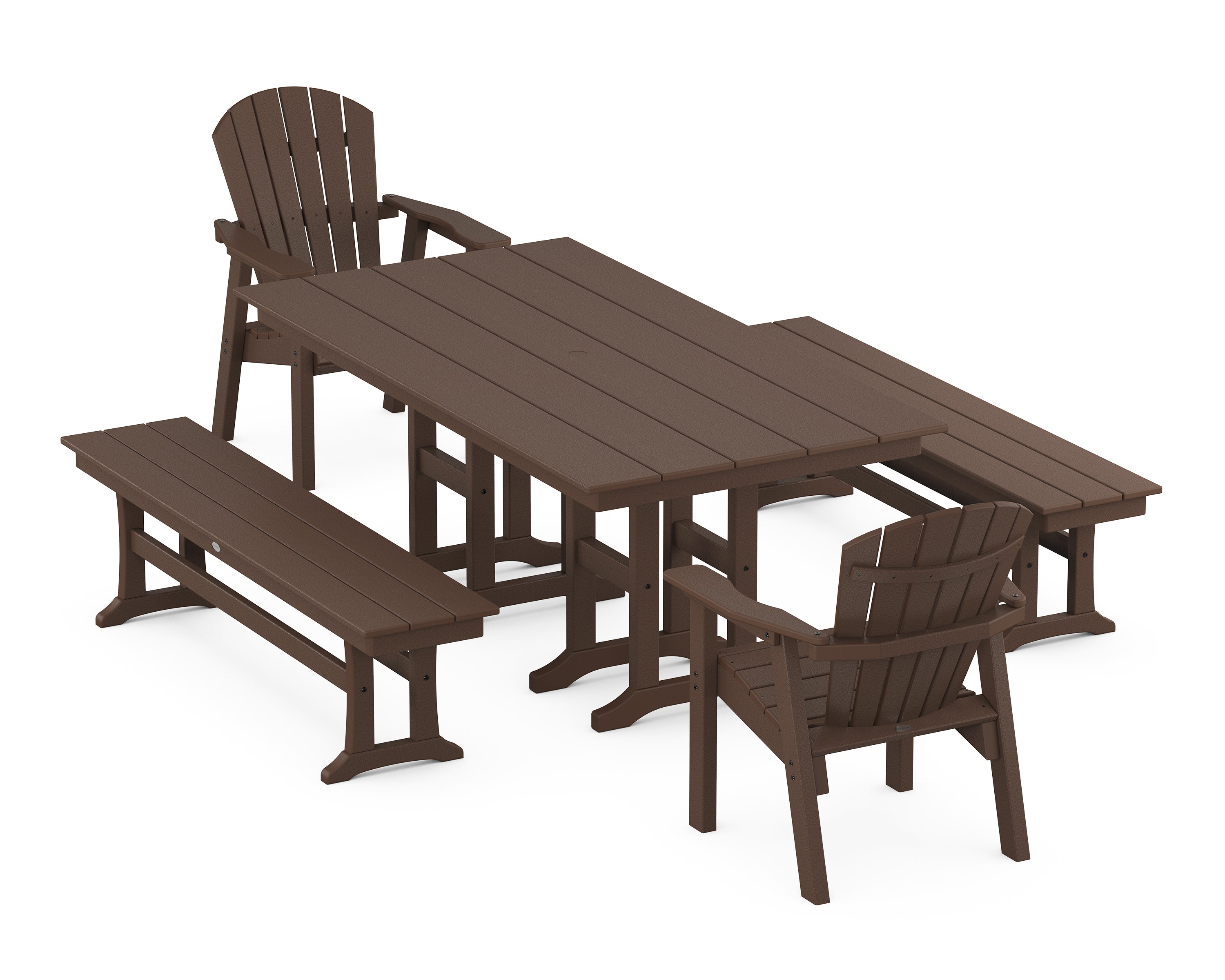 POLYWOOD® Seashell 5-Piece Farmhouse Dining Set with Benches in Mahogany