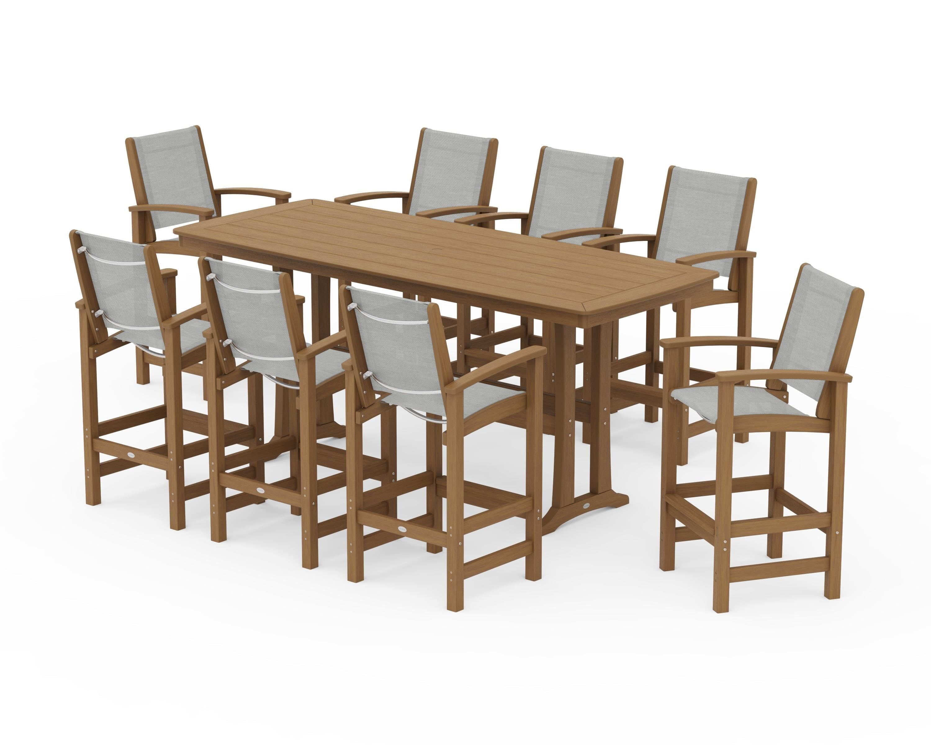 POLYWOOD Coastal 9-Piece Bar Set with Trestle Legs in Natural / Metallic Sling