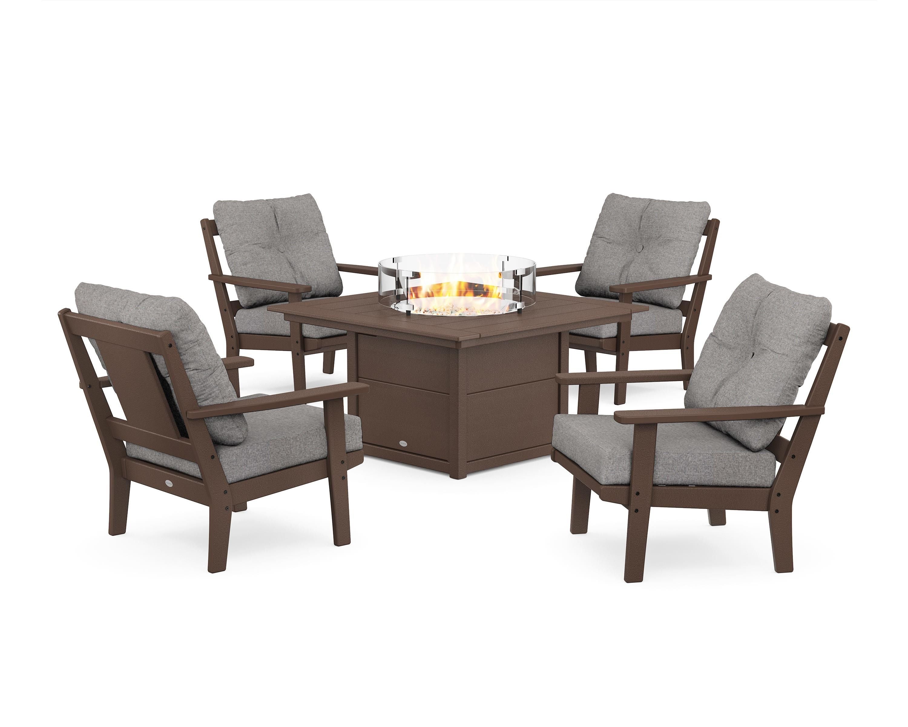 POLYWOOD Prairie 5-Piece Deep Seating Set with Fire Pit Table in Mahogany / Grey Mist