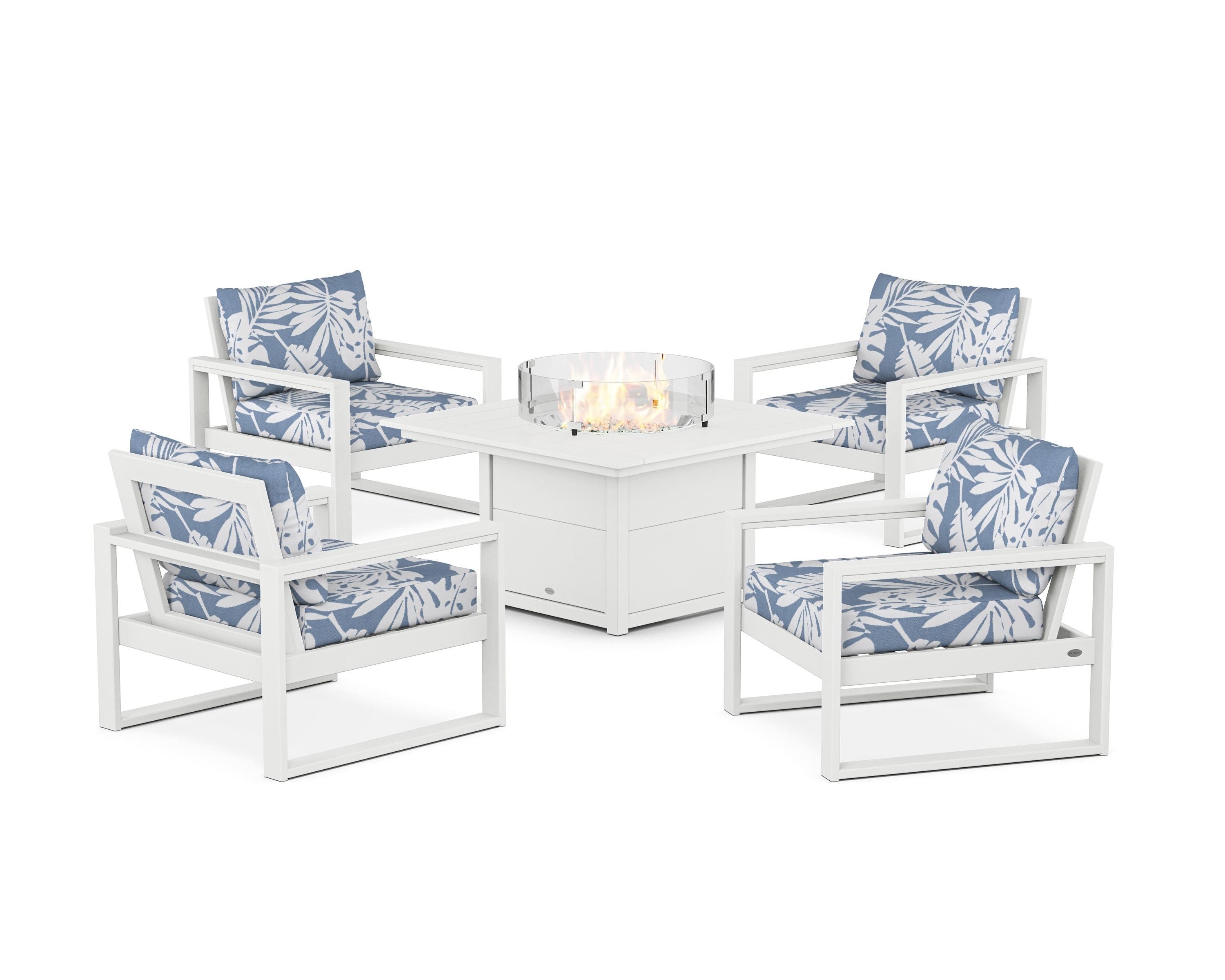 POLYWOOD EDGE Sectional 5-Piece Deep Seating Set with Fire Pit Table in White / Leaf Sky Blue