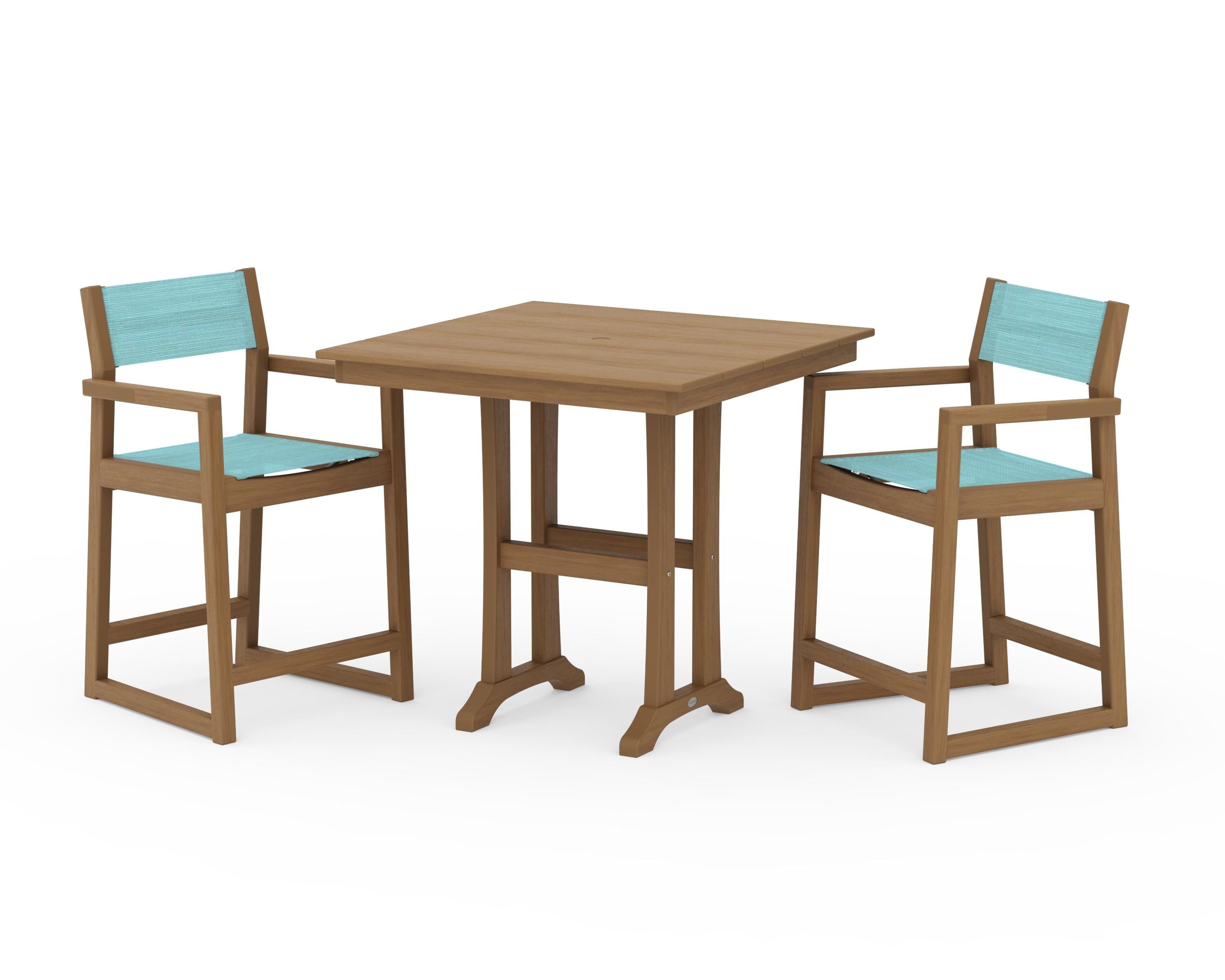 POLYWOOD EDGE Sling Arm Chair 3-Piece Farmhouse Counter Set with Trestle Legs in Natural / Dupioni Aquamarine Sling