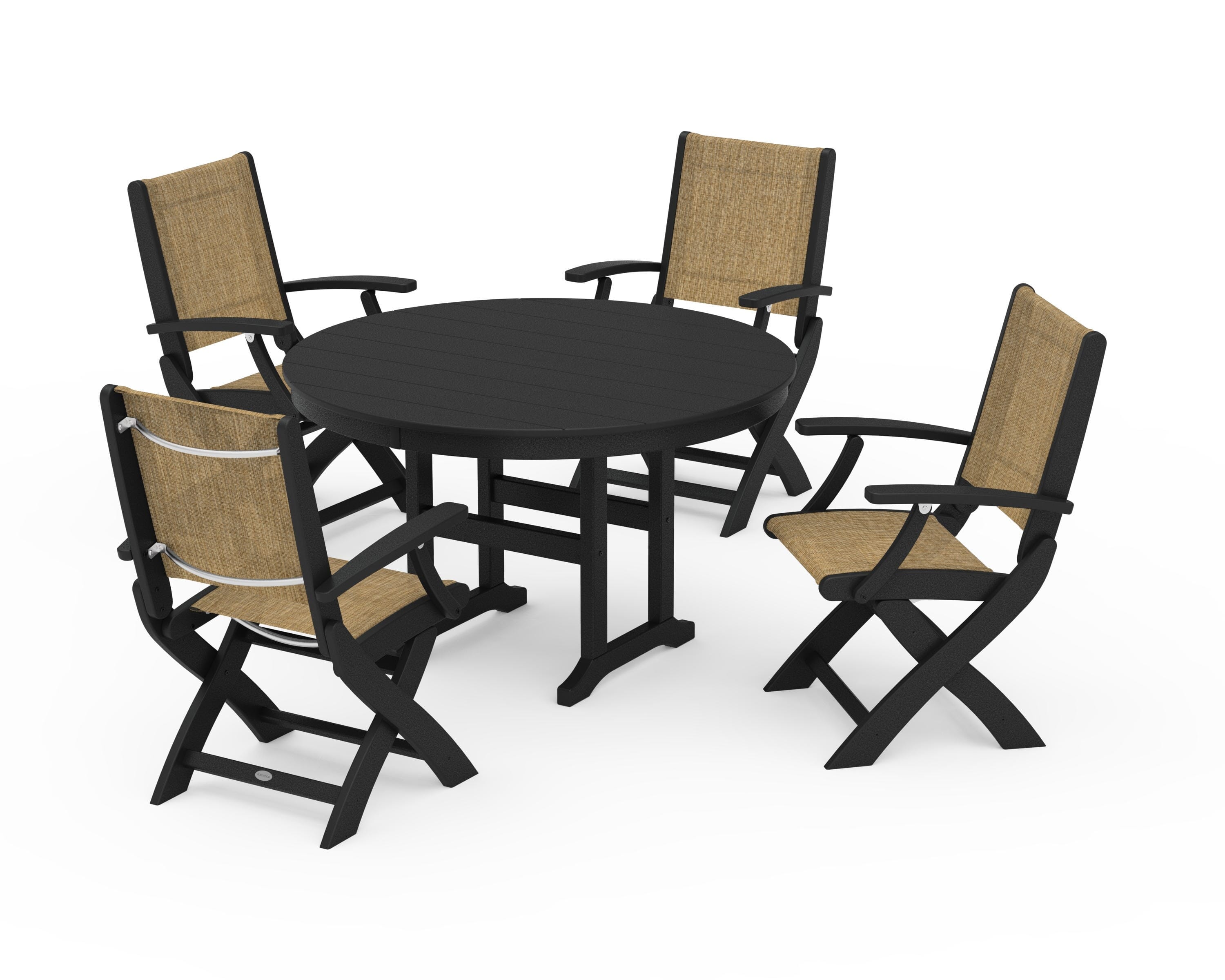 POLYWOOD Coastal Folding Chair 5-Piece Round Dining Set in Black / Burlap Sling