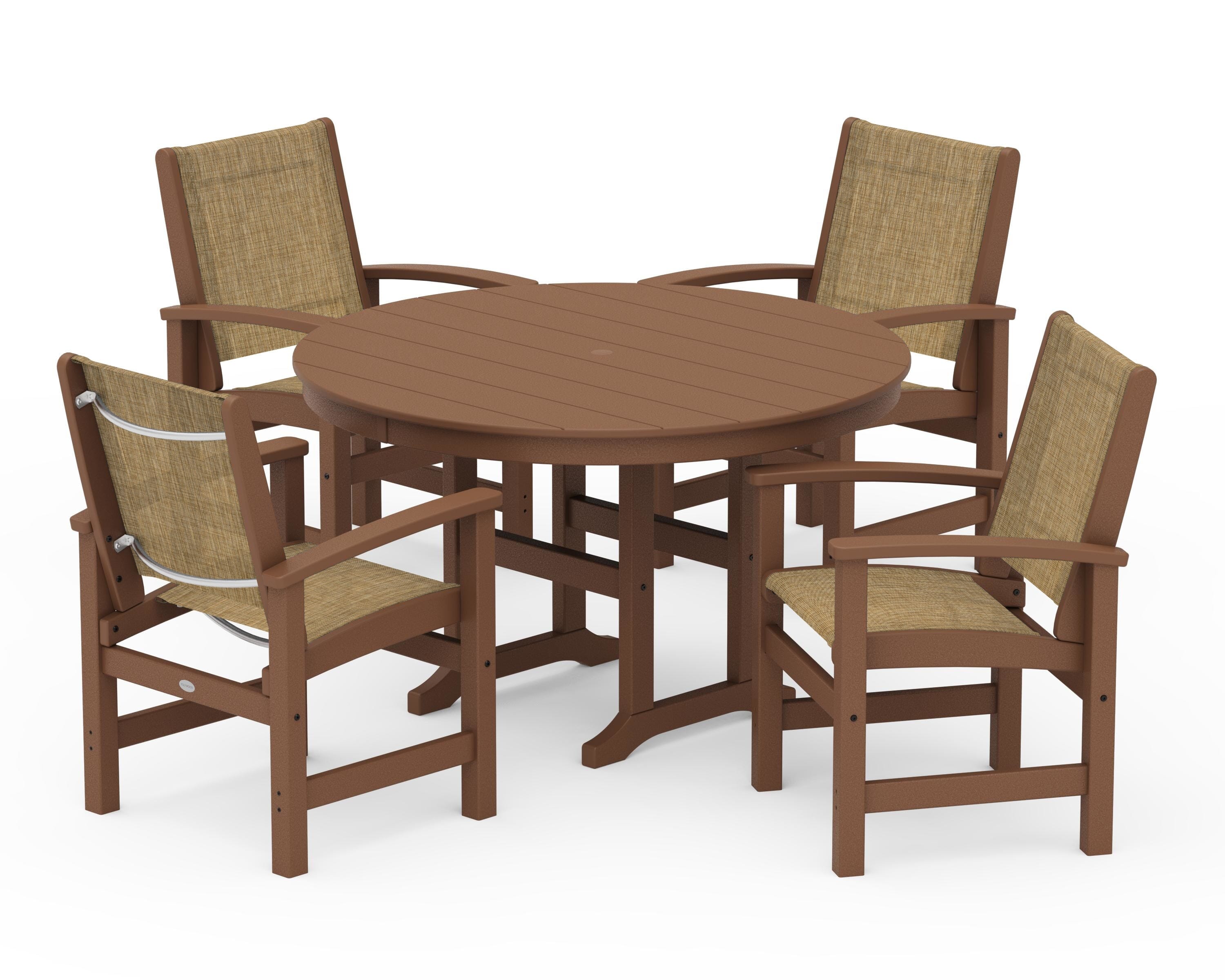 POLYWOOD Coastal 5-Piece Round Farmhouse Dining Set in Teak / Burlap Sling