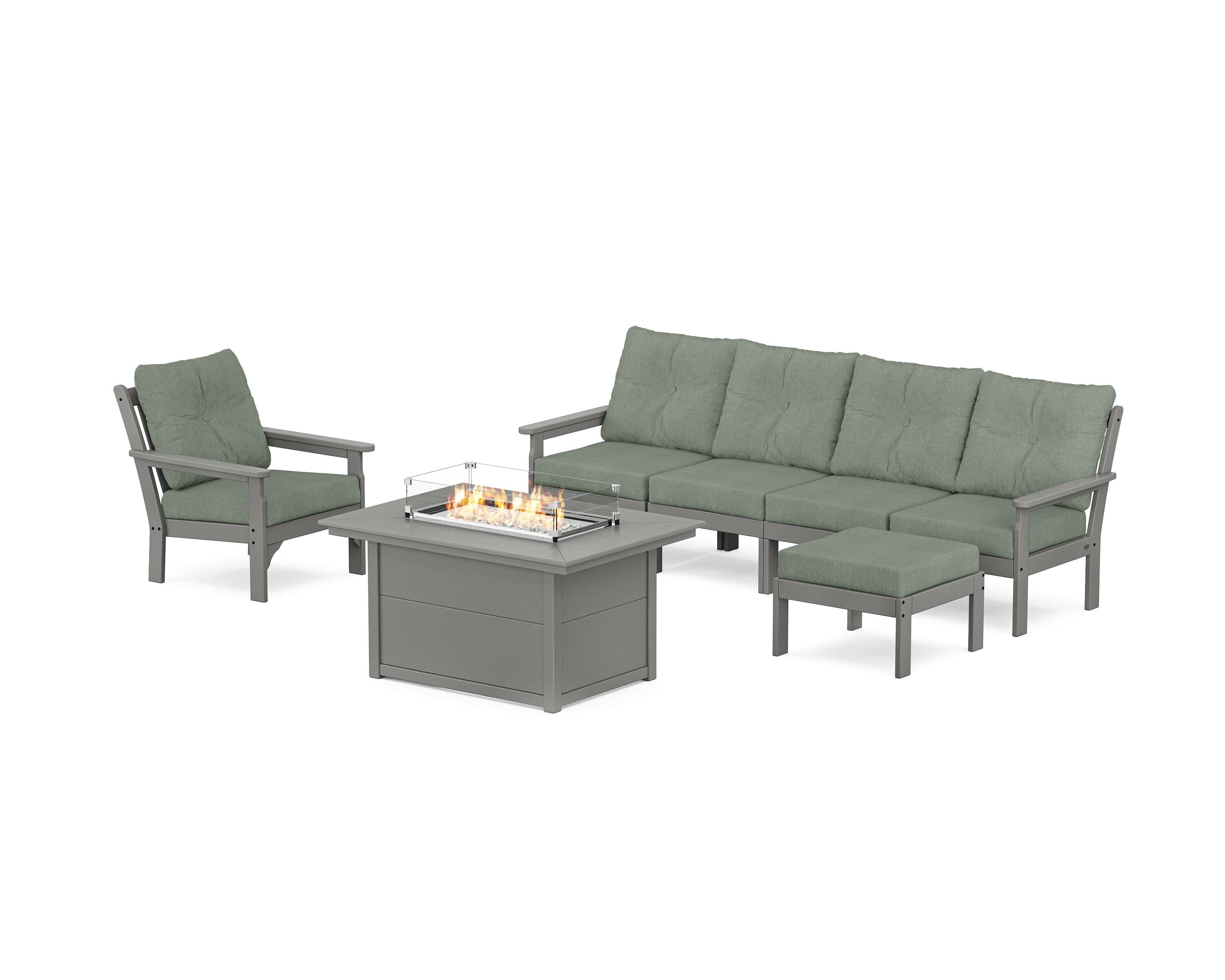 POLYWOOD Vineyard Sectional Lounge and Fire Pit Set in Slate Grey / Cast Sage