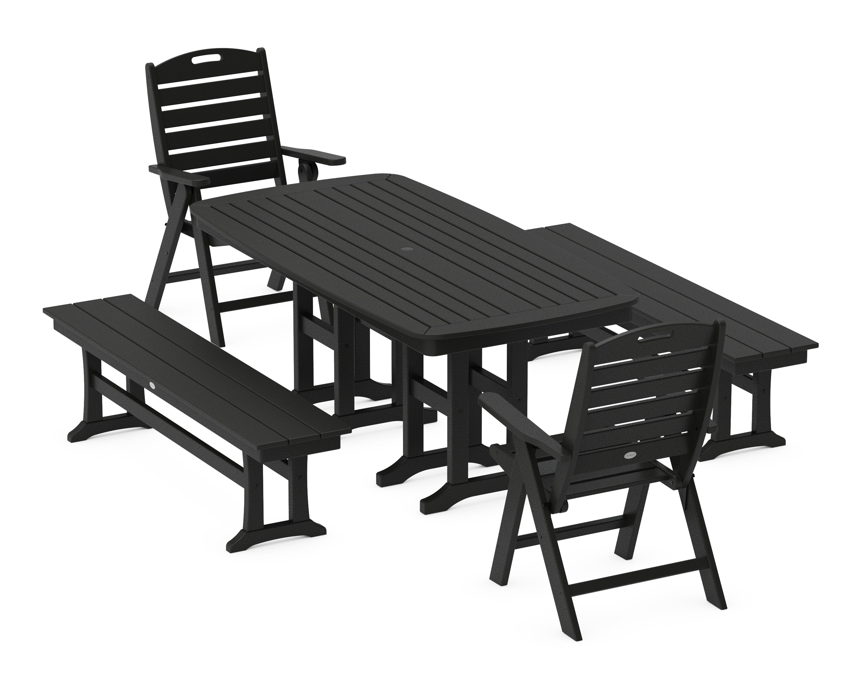 POLYWOOD Nautical Highback 5-Piece Dining Set with Benches in Black