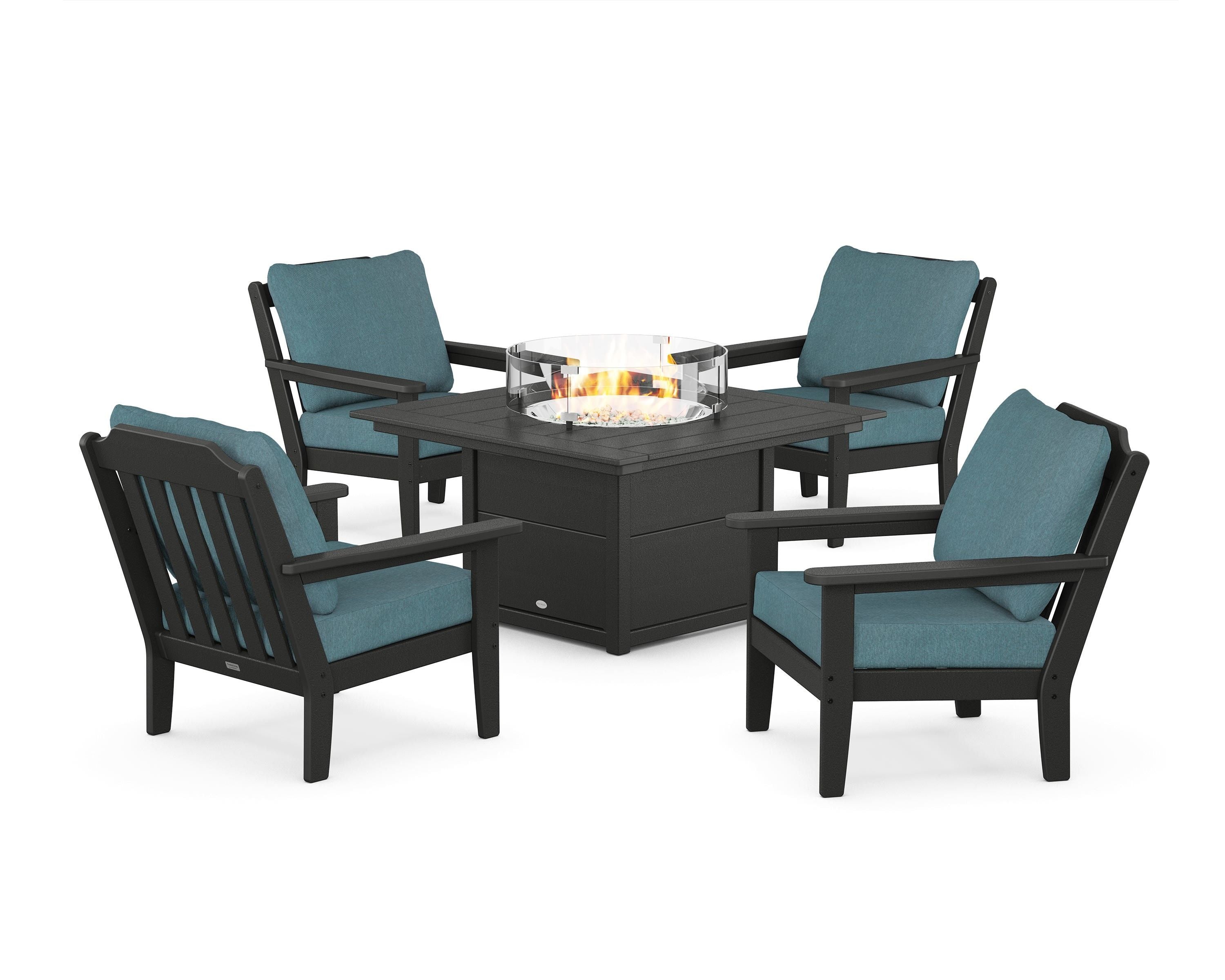 Country Living Cottage 5-Piece Deep Seating Set with Fire Pit Table in Black / Ocean Teal