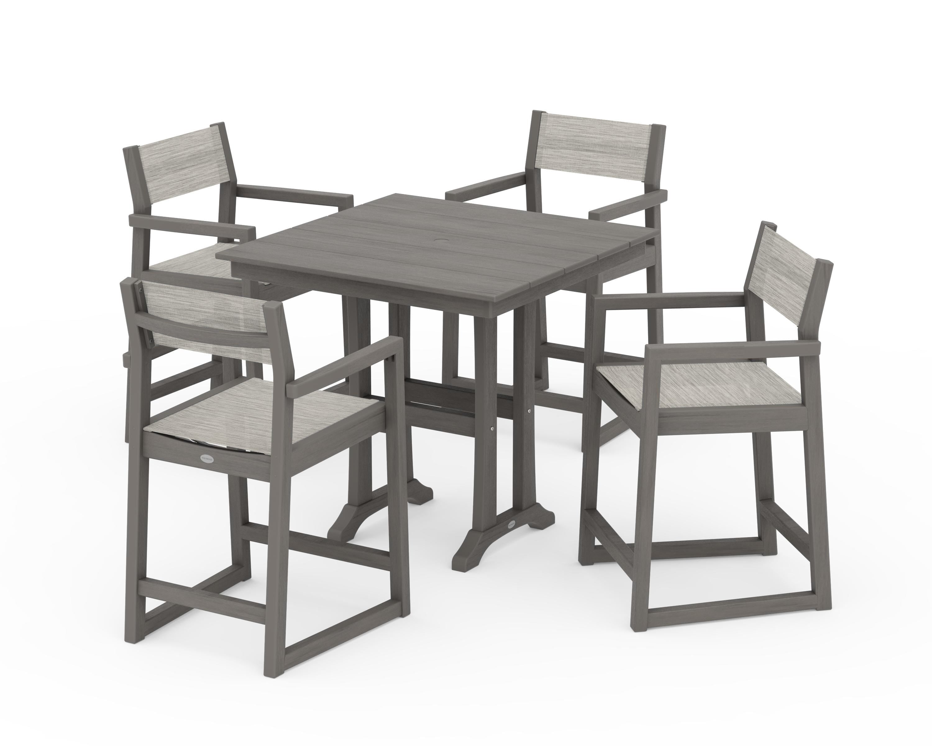 POLYWOOD EDGE Sling Arm Chair 5-Piece Farmhouse Counter Set with Trestle Legs in Driftwood / Birch Sling