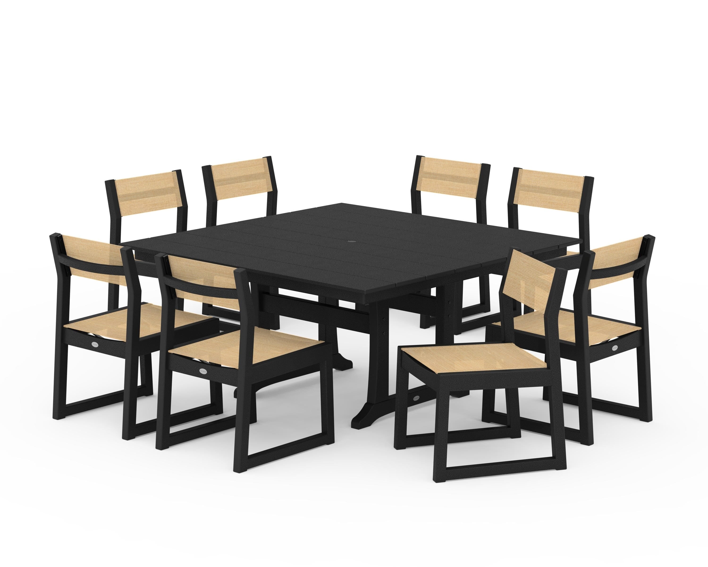 POLYWOOD EDGE Sling Side Chair 9-Piece Farmhouse Trestle Dining Set in Black / Dupioni Apricot Sling