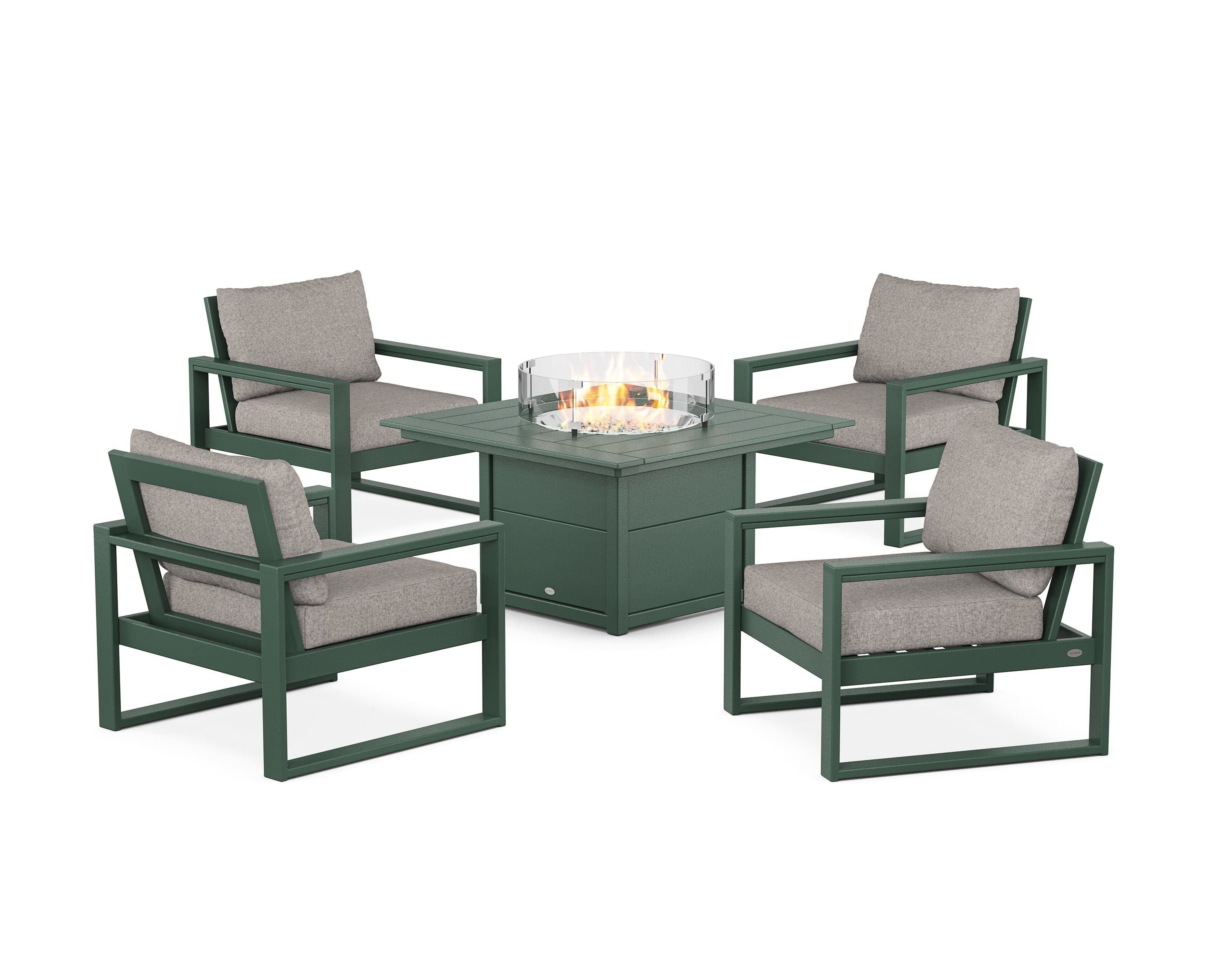 POLYWOOD EDGE Sectional 5-Piece Deep Seating Set with Fire Pit Table in Green / Weathered Tweed