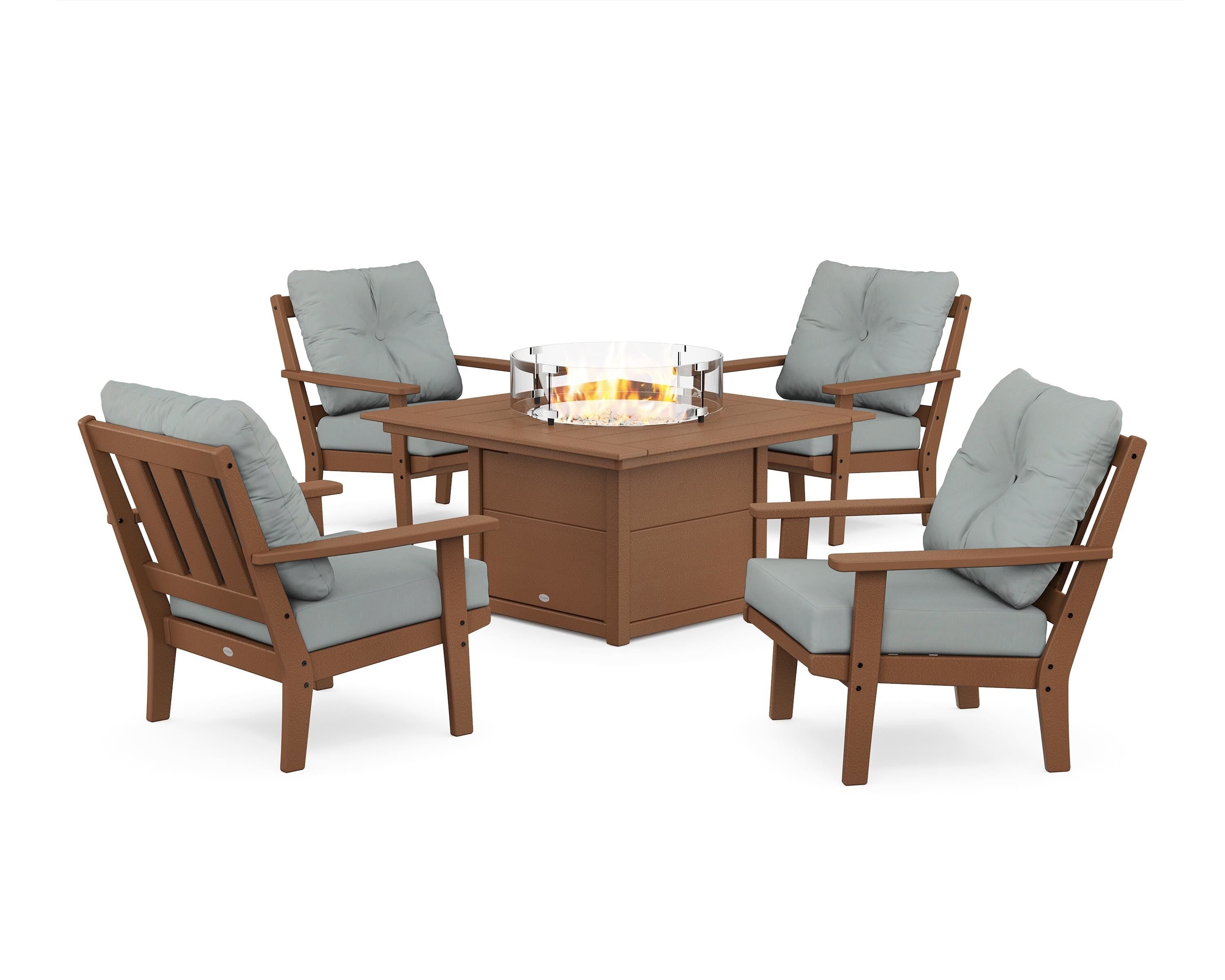 POLYWOOD Oxford 5-Piece Deep Seating Set with Fire Pit Table in Teak / Spa