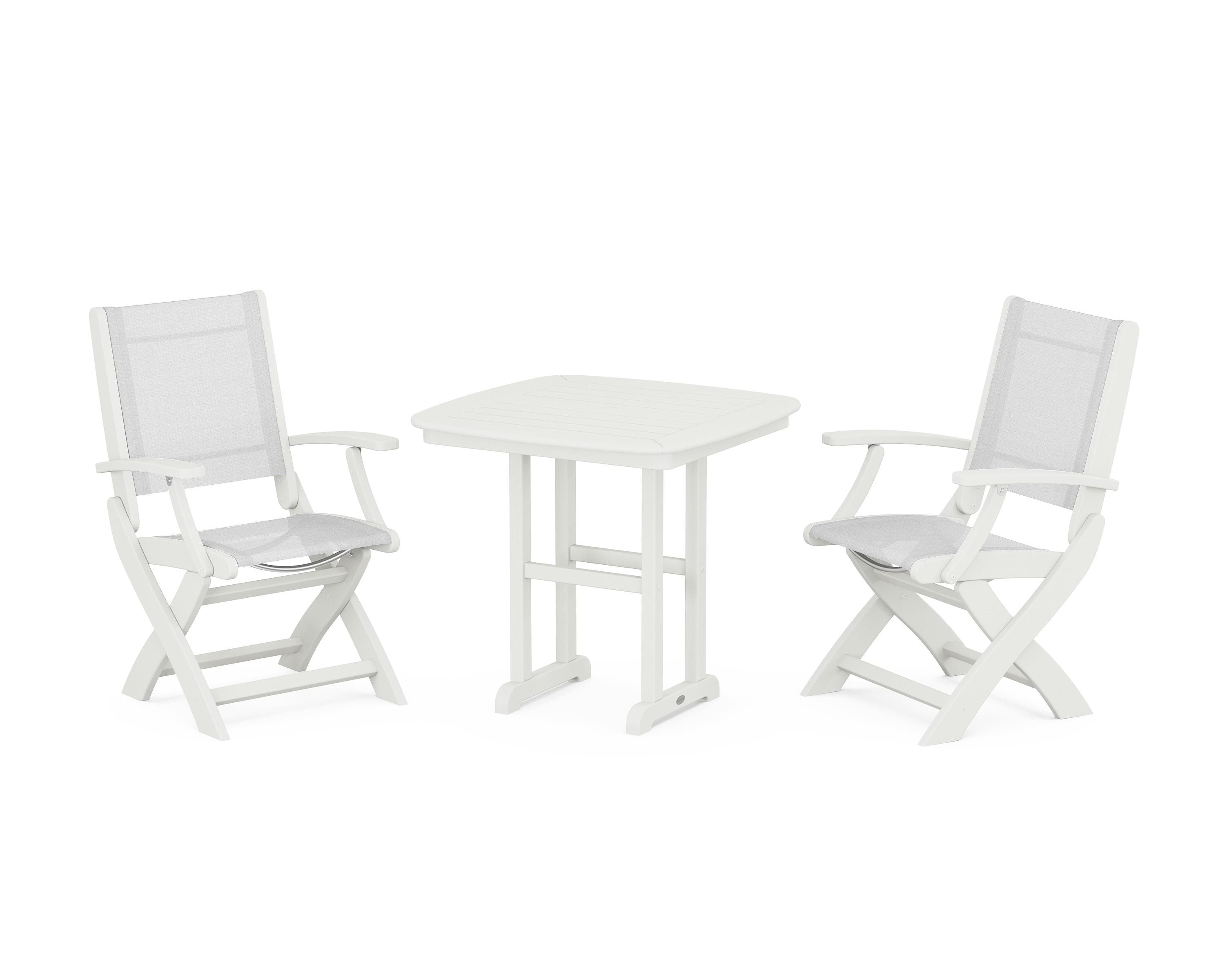 POLYWOOD Coastal Folding Chair 3-Piece Dining Set in Vintage White / White Sling