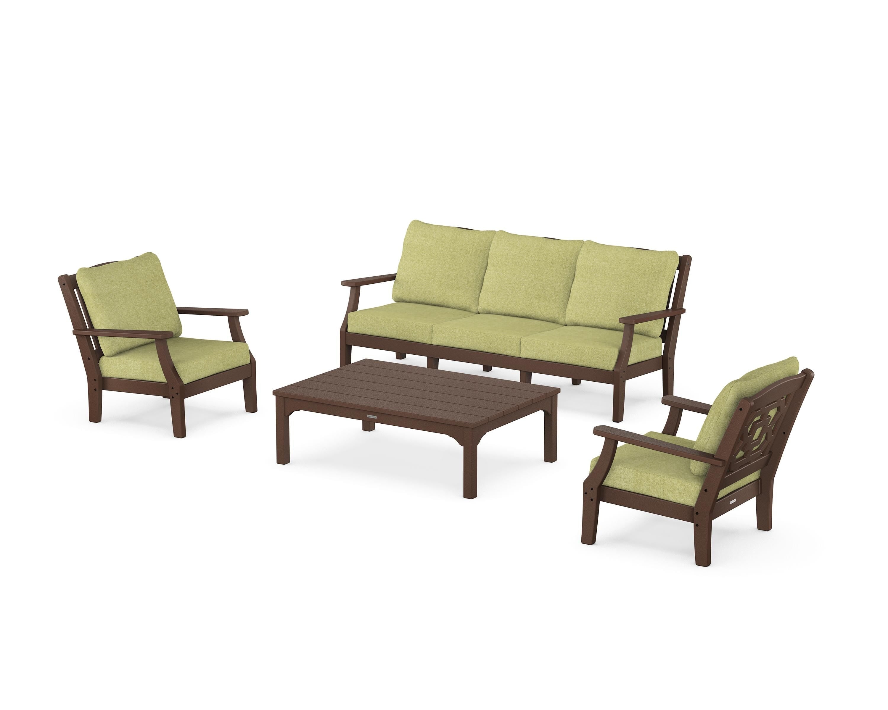 Martha Stewart by POLYWOOD Chinoiserie 4-Piece Deep Seating Set with Sofa in Mahogany / Chartreuse Boucle