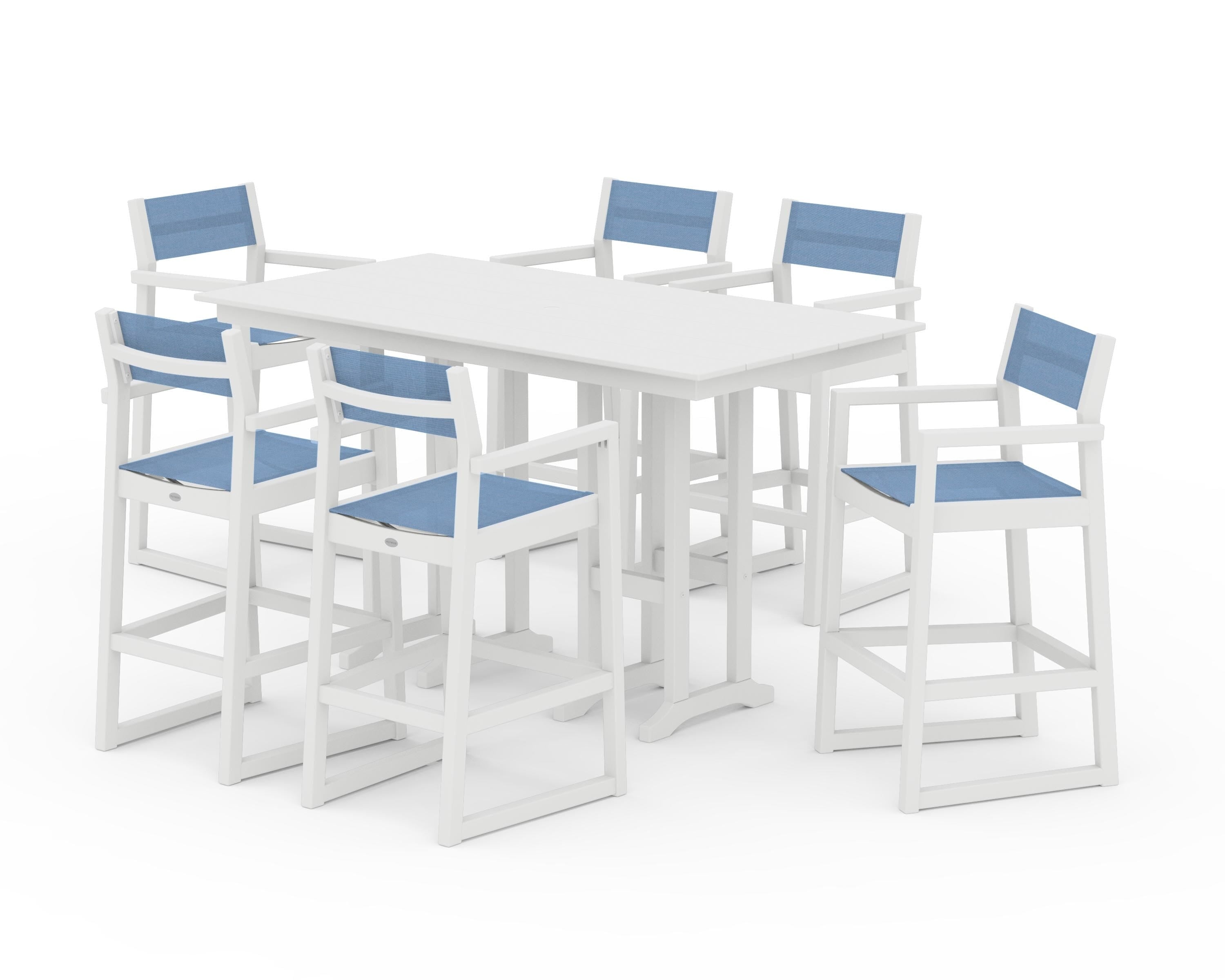 POLYWOOD EDGE Sling Arm Chair 7-Piece Farmhouse Bar Set in White / Poolside Sling