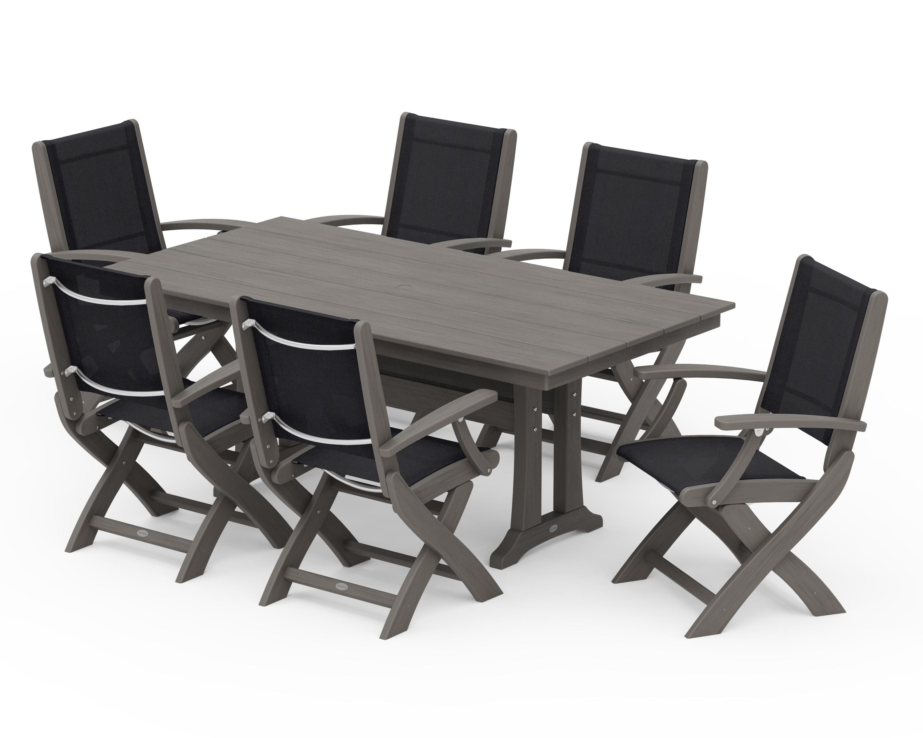 POLYWOOD Coastal Folding Arm Chair 7-Piece Farmhouse Dining Set with Trestle Legs in Driftwood / Black Sling