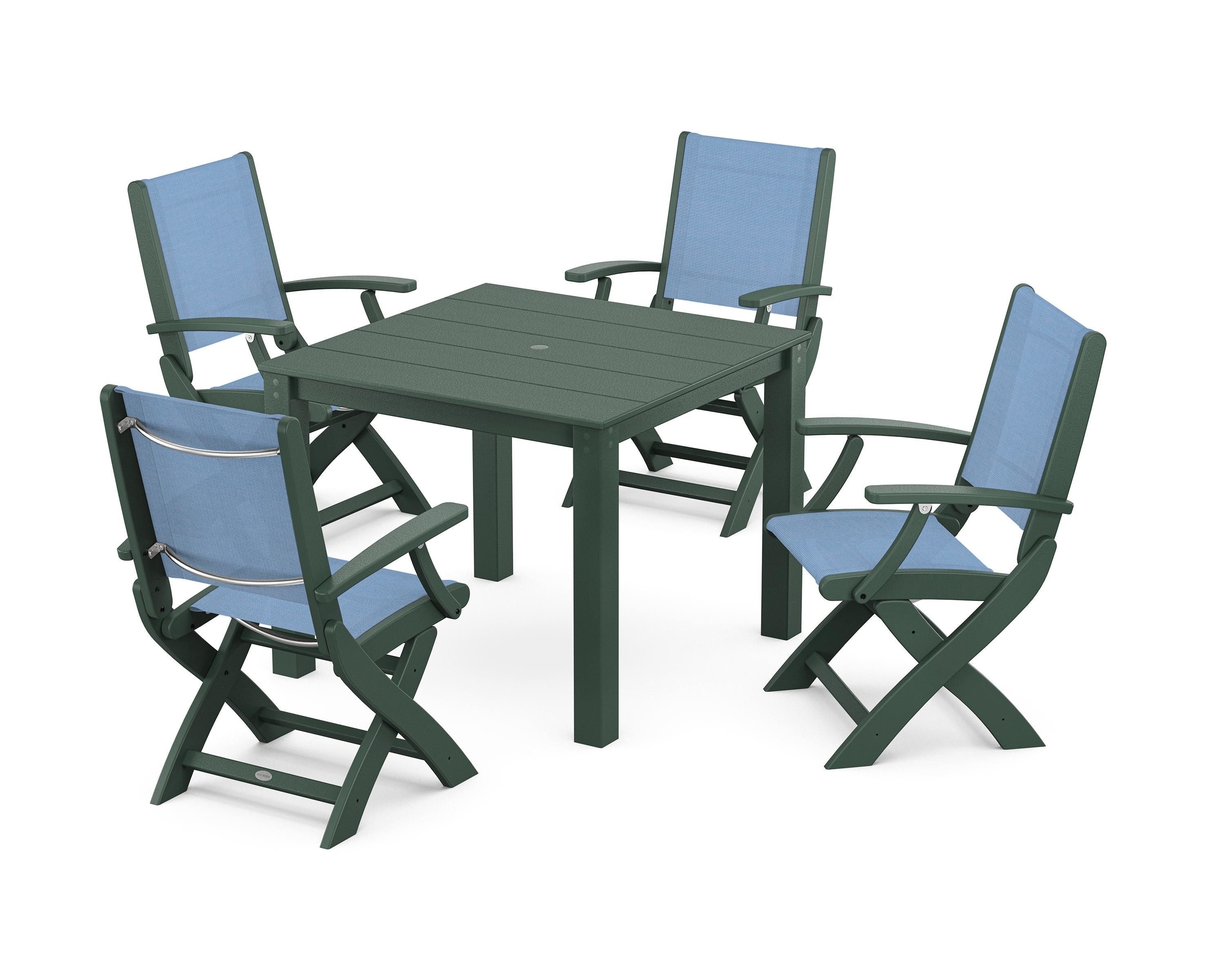POLYWOOD Coastal Folding Chair 5-Piece Parsons Dining Set in Green / Poolside Sling
